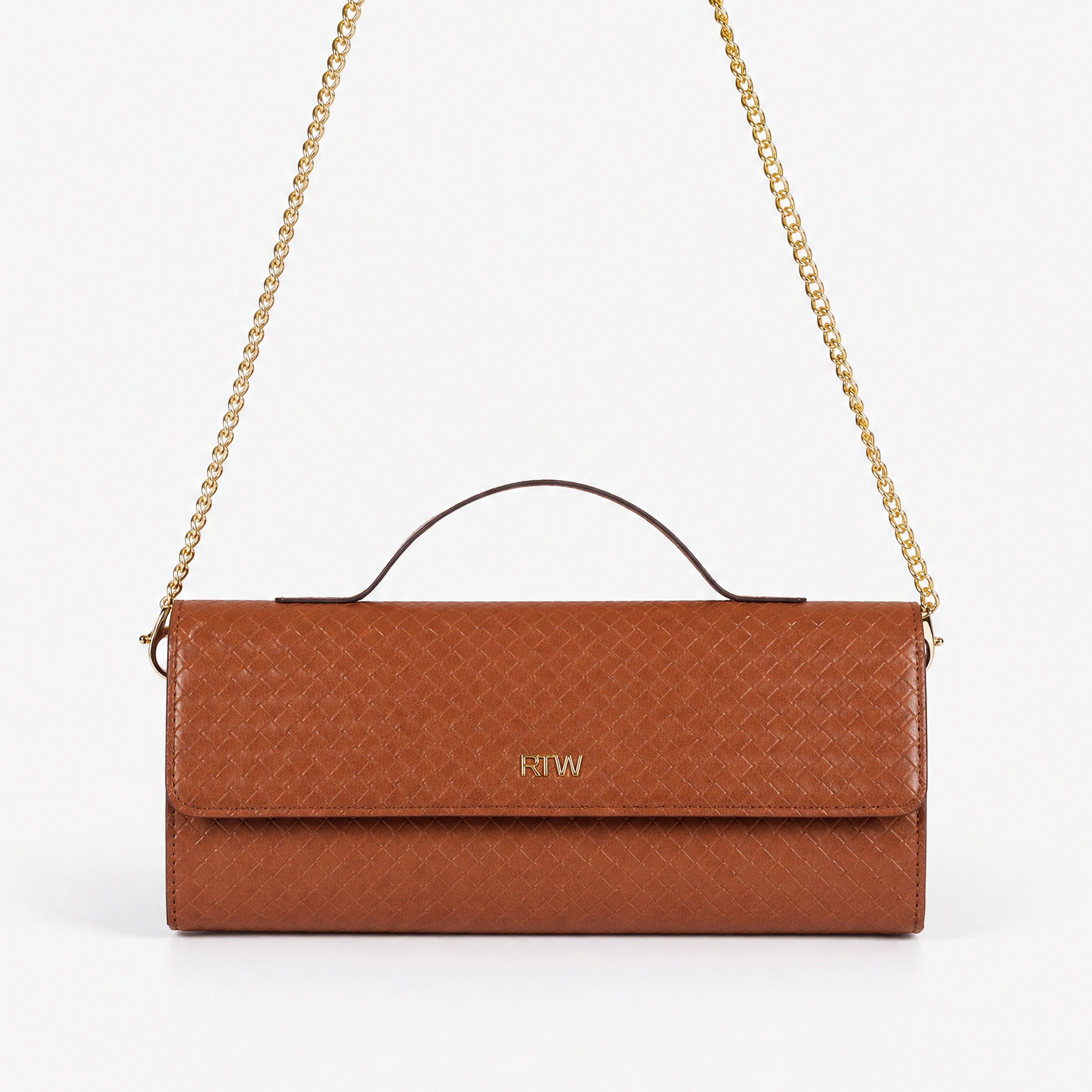 Warm terracotta woven weave clutch — front view with gold chain worn as shoulder strap overhead