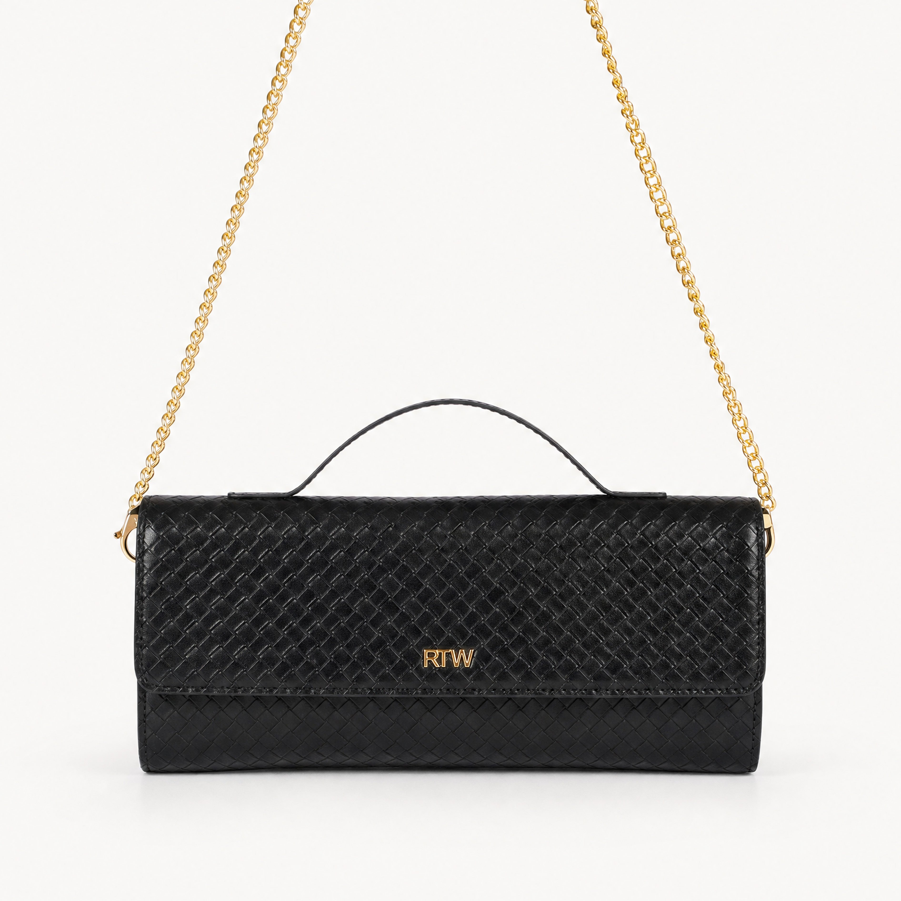 Woven black weave clutch — front view with gold chain worn as shoulder strap extending overhead