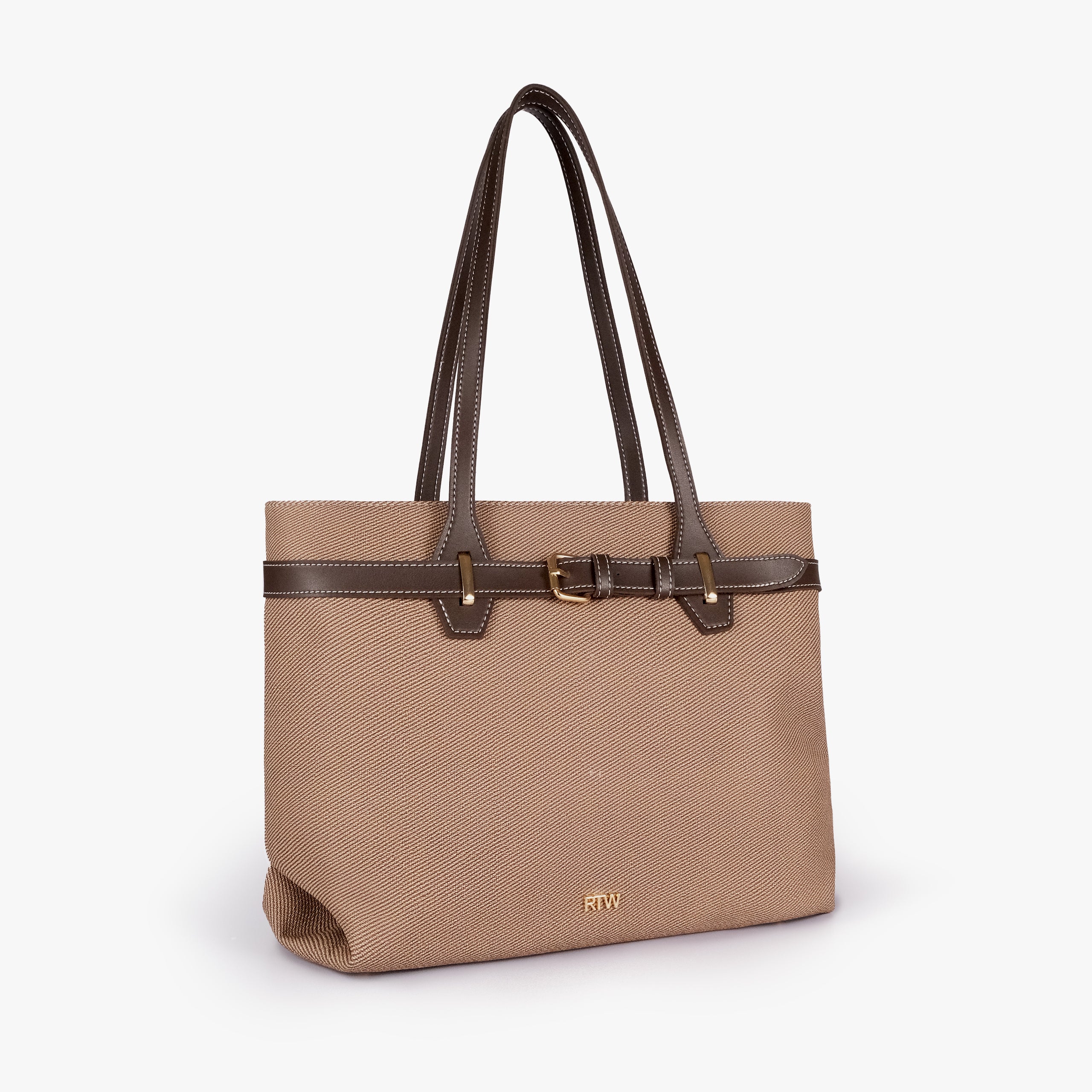 Dark brown belted tote bag — upright front three-quarter view showing the long shoulder handles, rectangular tote shape, textured body, and smooth trim, taupe-brown textured body with dark brown smooth faux-leather trim