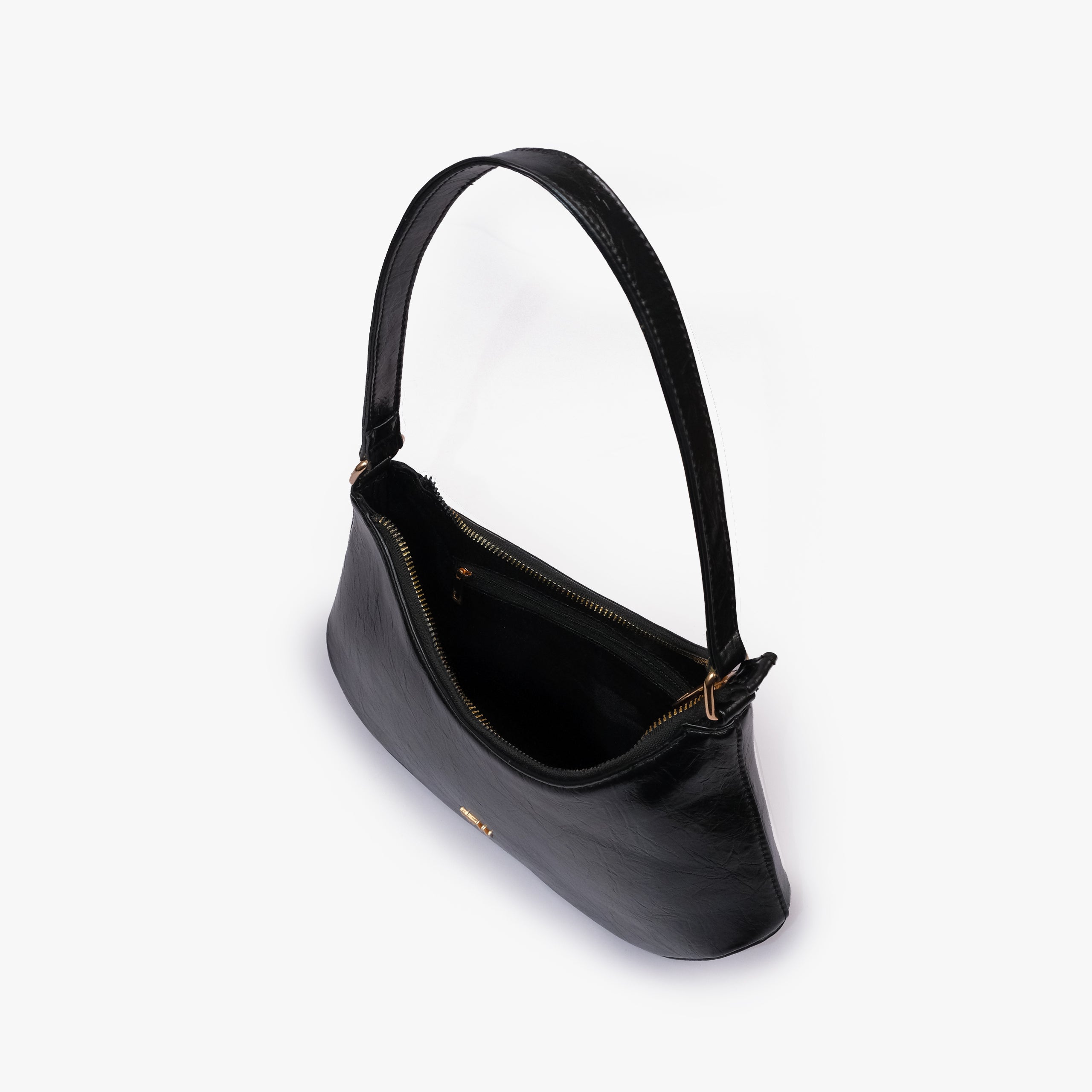 Black crinkle shoulder bag — interior view showing the zip-top opening and dark-lined main compartment
