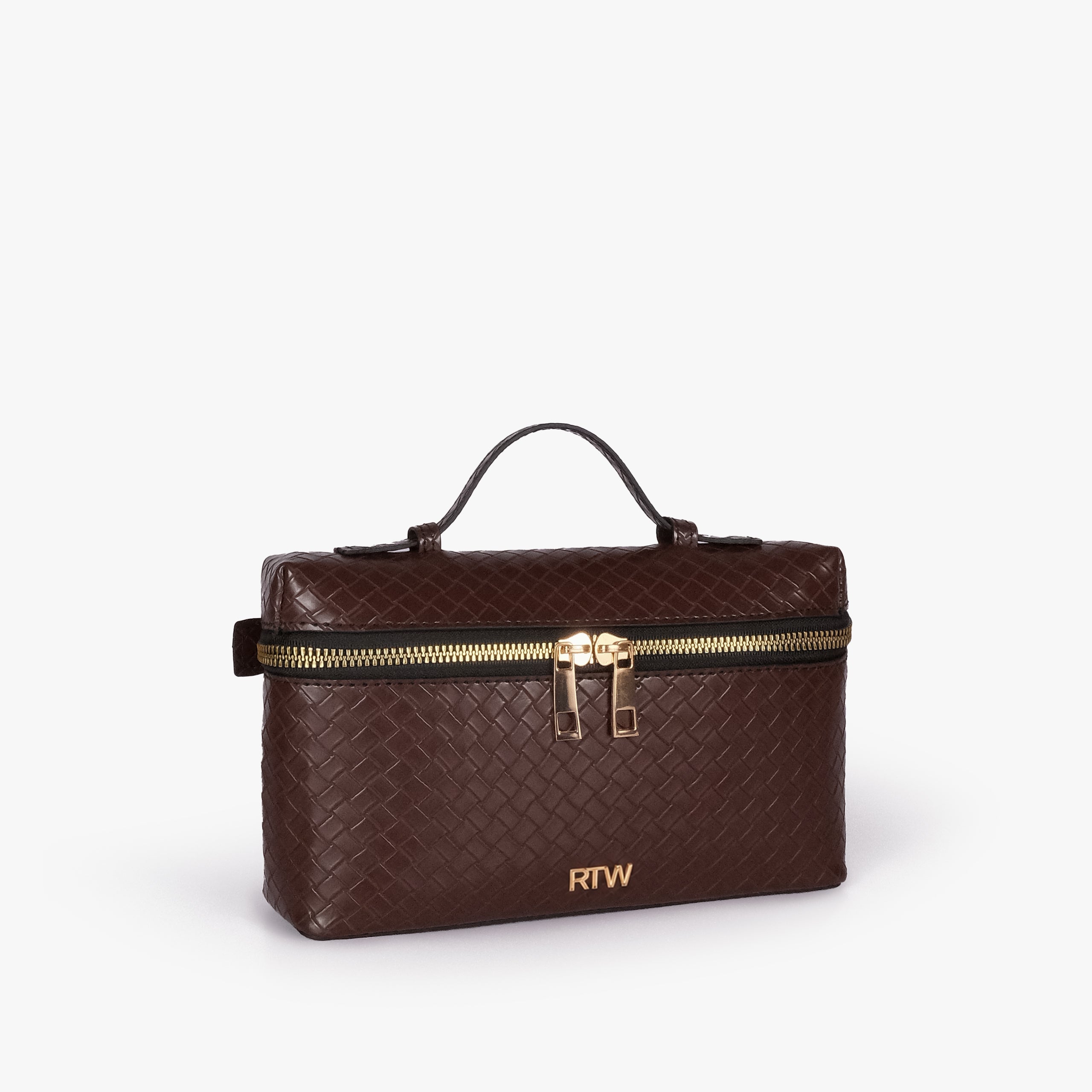 Chocolate brown weave vanity top-handle bag — 3/4 quarter view showing the compact boxy vanity shape, rounded edges, diamond quilting, strap attachment, and side depth