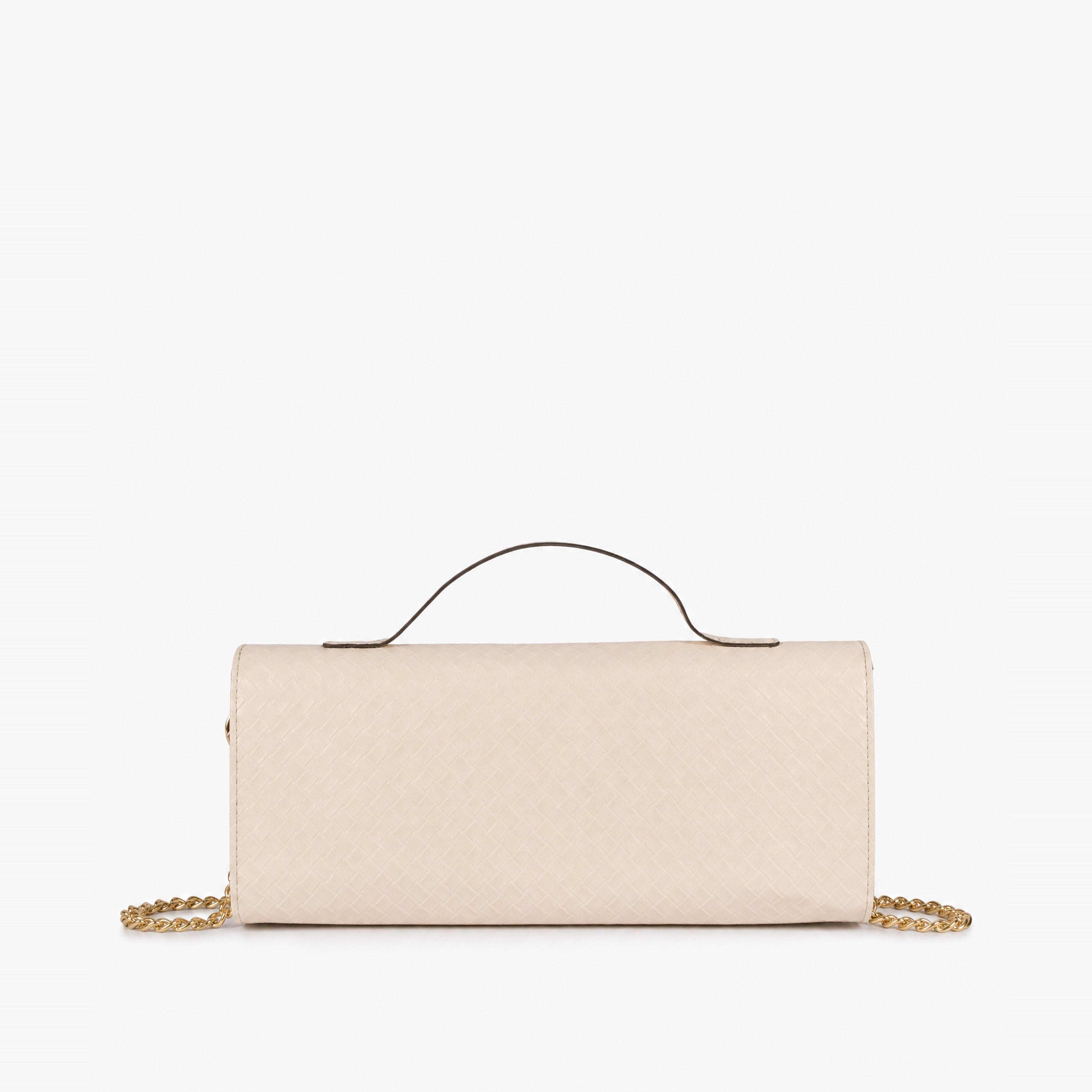Pale woven cream weave clutch — back view showing full weave coverage and top handle dark contrasting underside