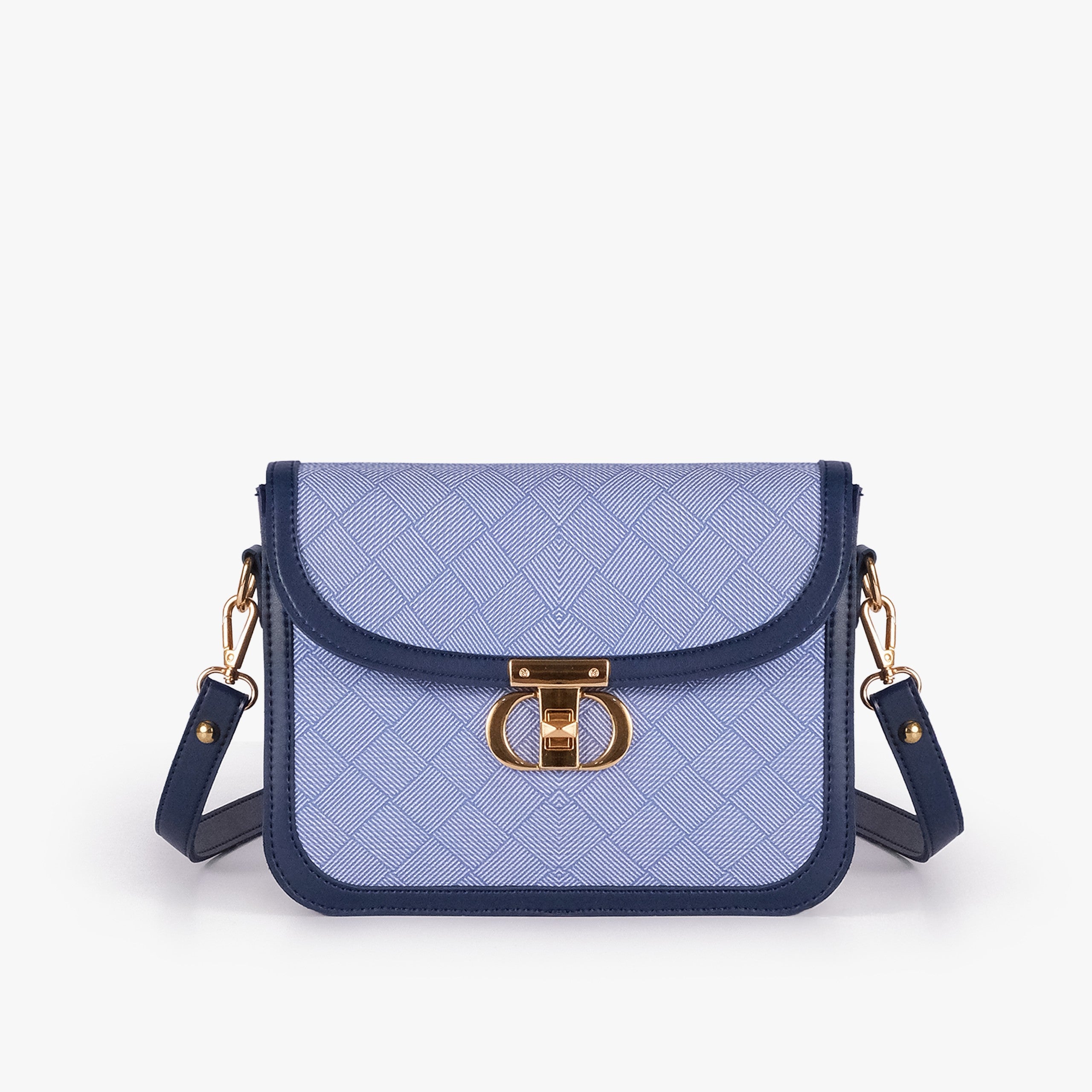 Navy contrast cross-body bag — front straight-on with navy strap horizontal across periwinkle panel