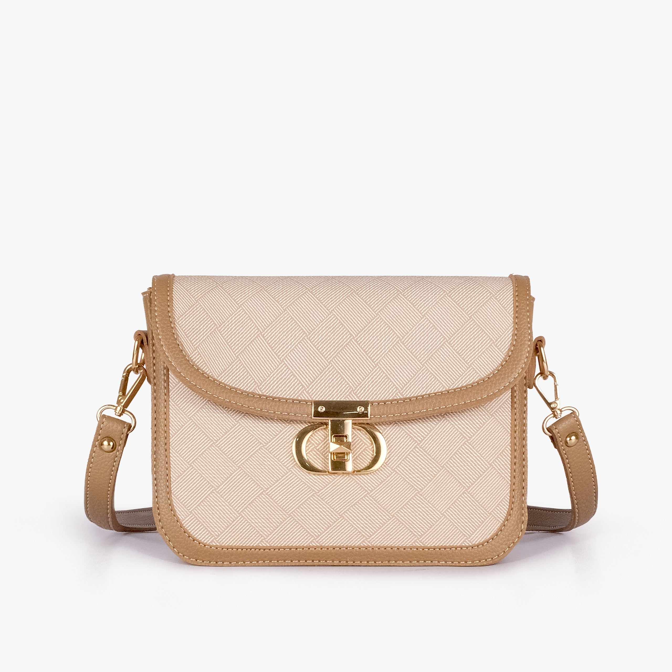 Wheat contrast cross-body bag — front straight-on with camel strap horizontal across cream panel