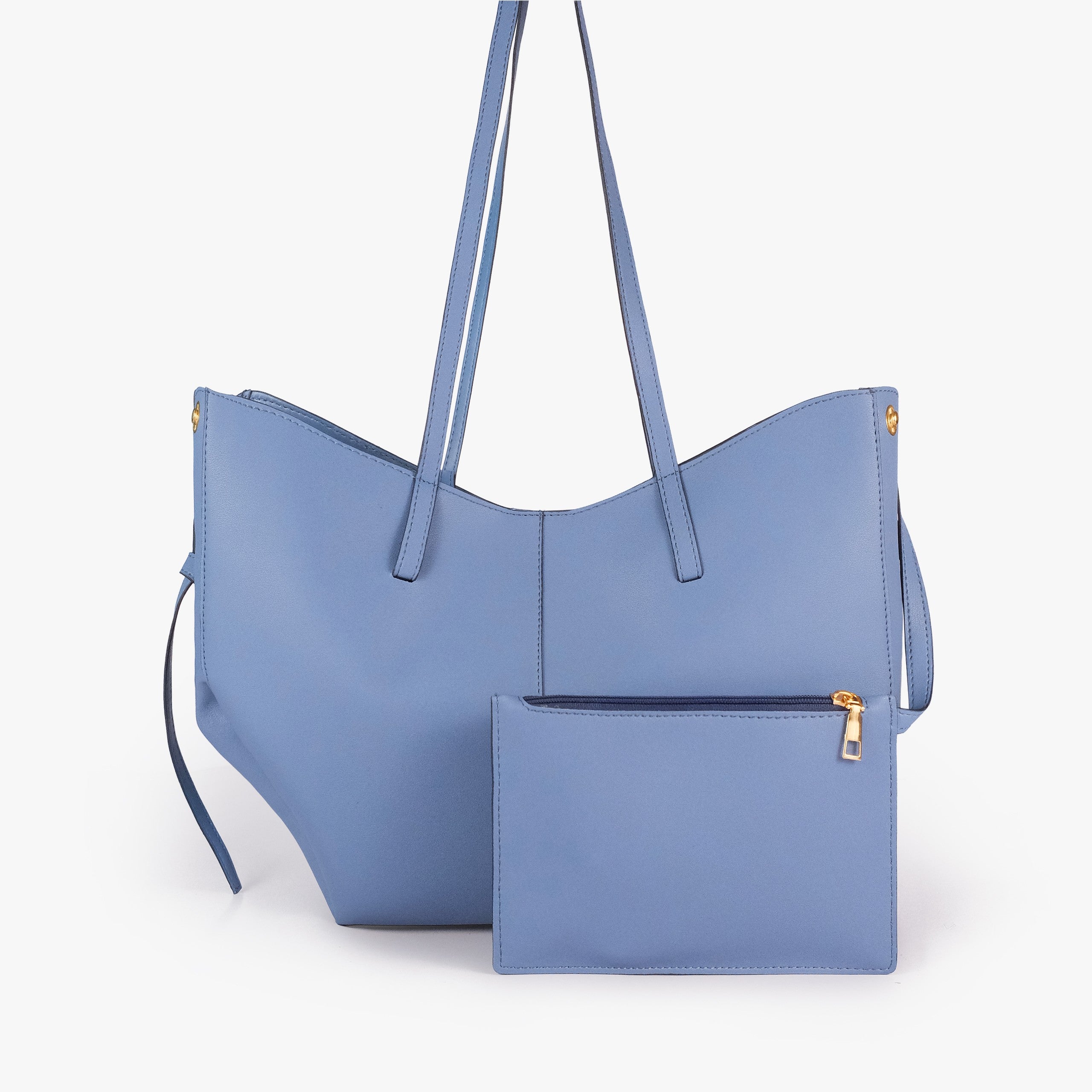 Sky blue atelier tote — back view with matching dusty blue detachable zip pouch alongside, gold zipper