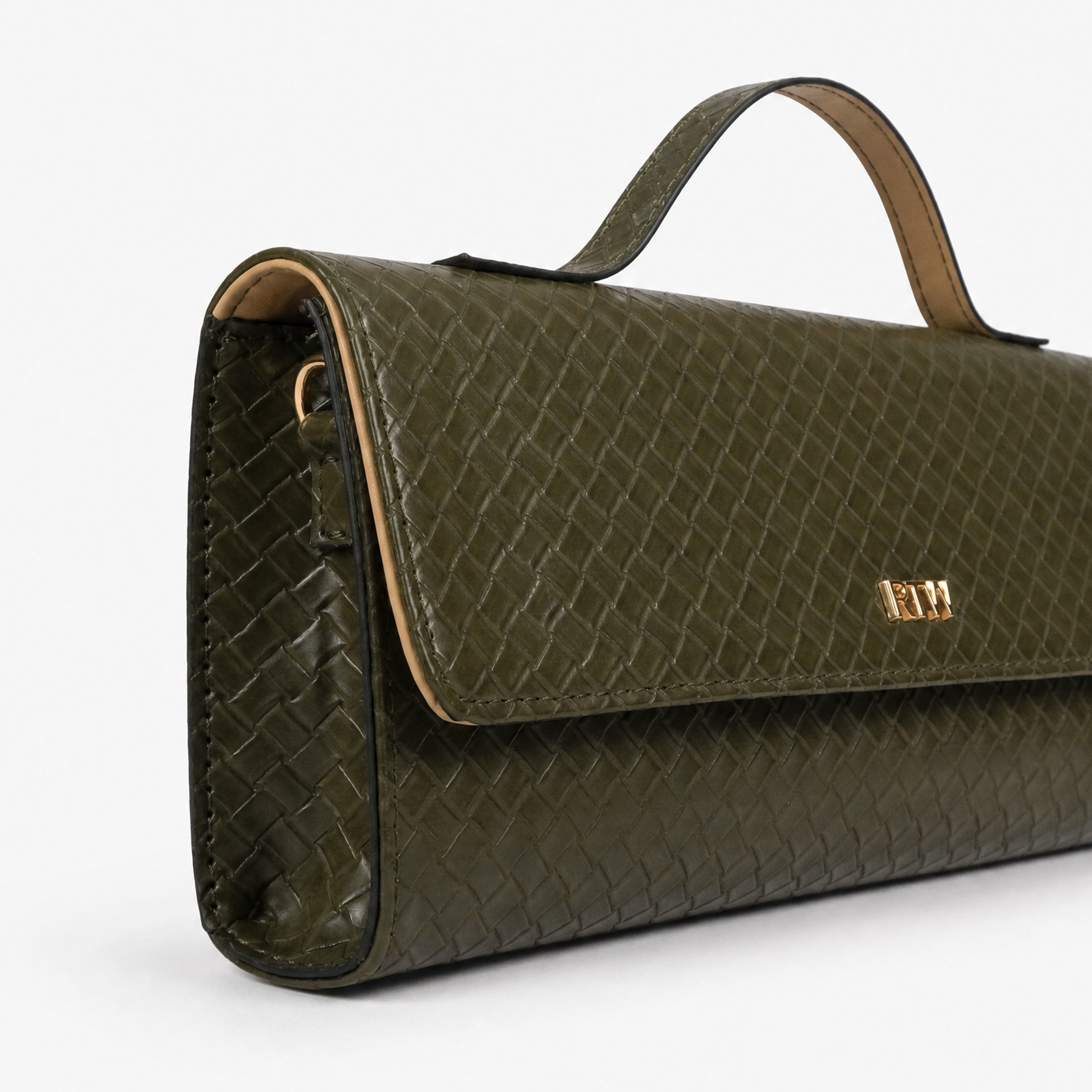 Dark olive woven weave clutch — closeup of diamond-lattice weave texture and gold RTW logo plate