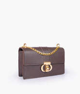 Dark brown east-west shoulder bag with half chain