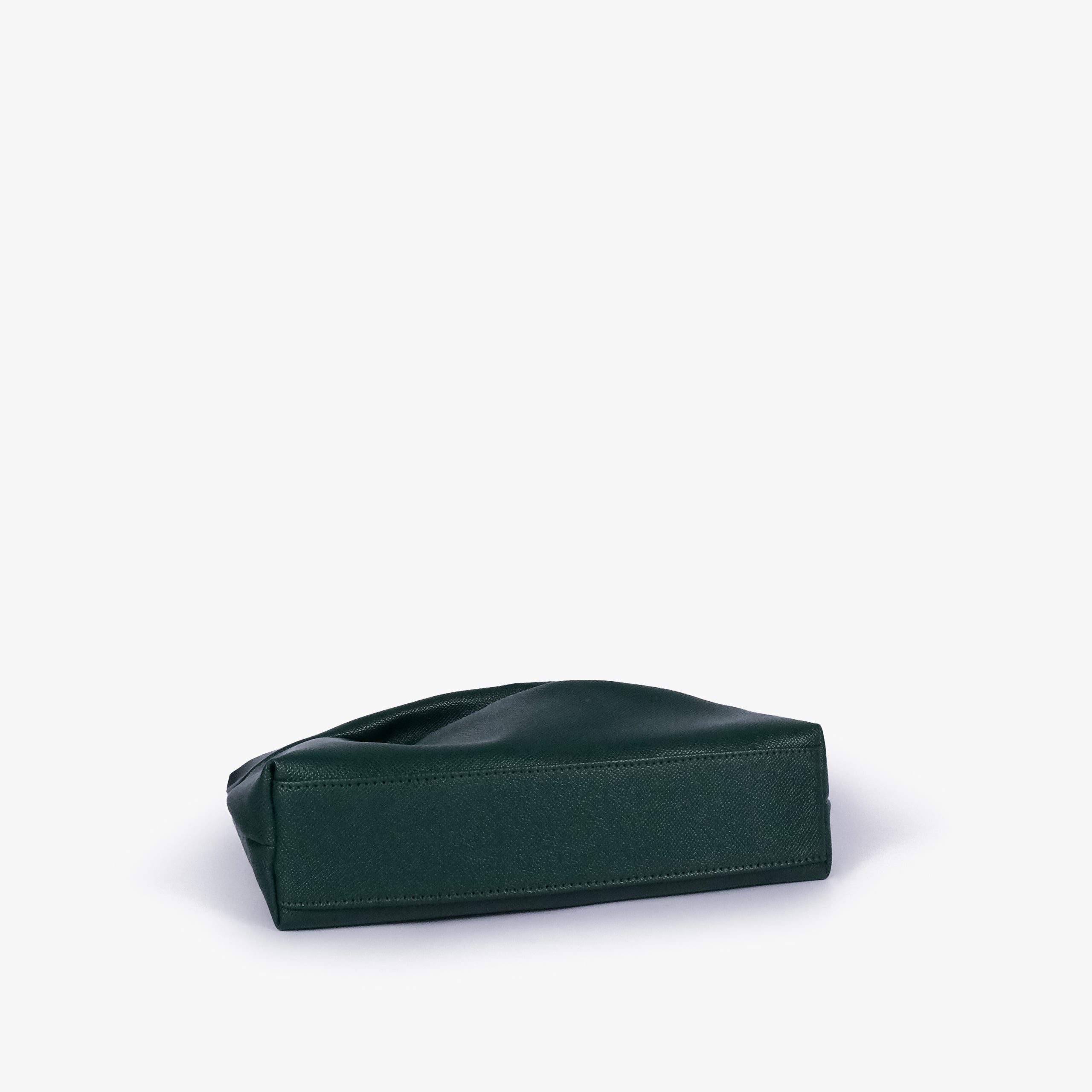 Green pleated clutch bag with chain — bottom view showing the stitched flat base and slim depth, deep bottle green