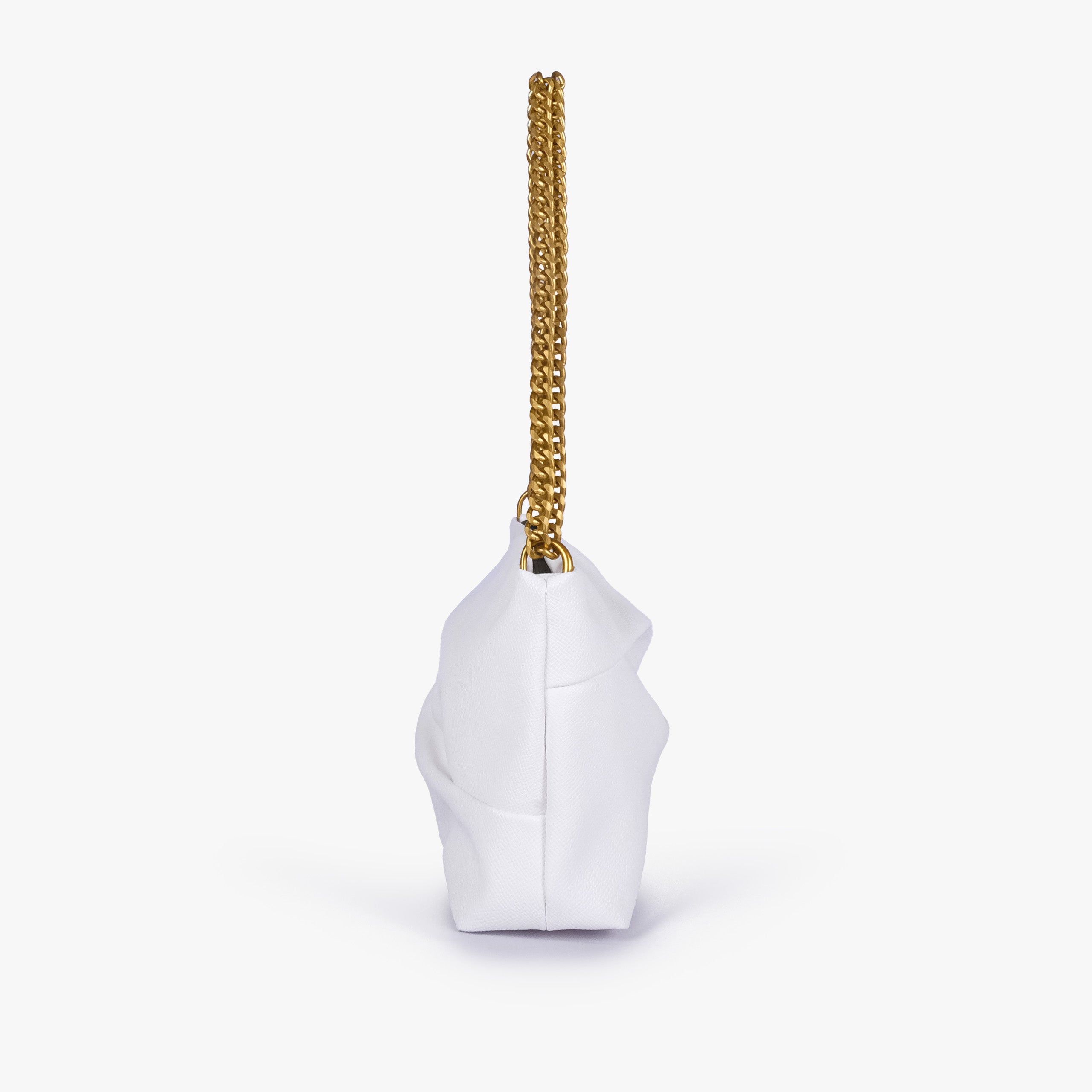 White pleated clutch bag with chain — side profile showing the narrow gusset, chain attachment and folded panel construction, bright white