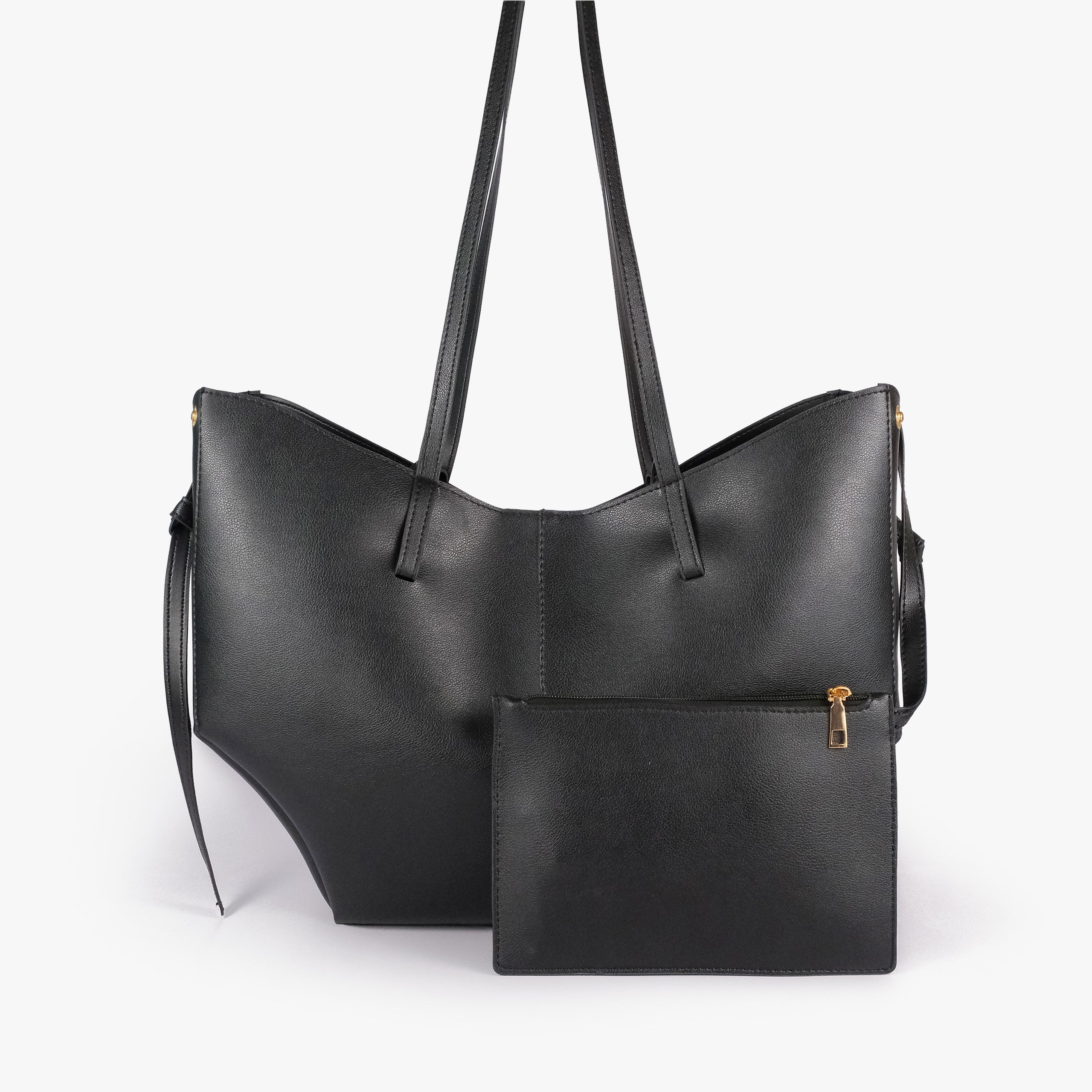 Black atelier tote — back view with matching black detachable zip pouch alongside, gold zipper, bundled accessory