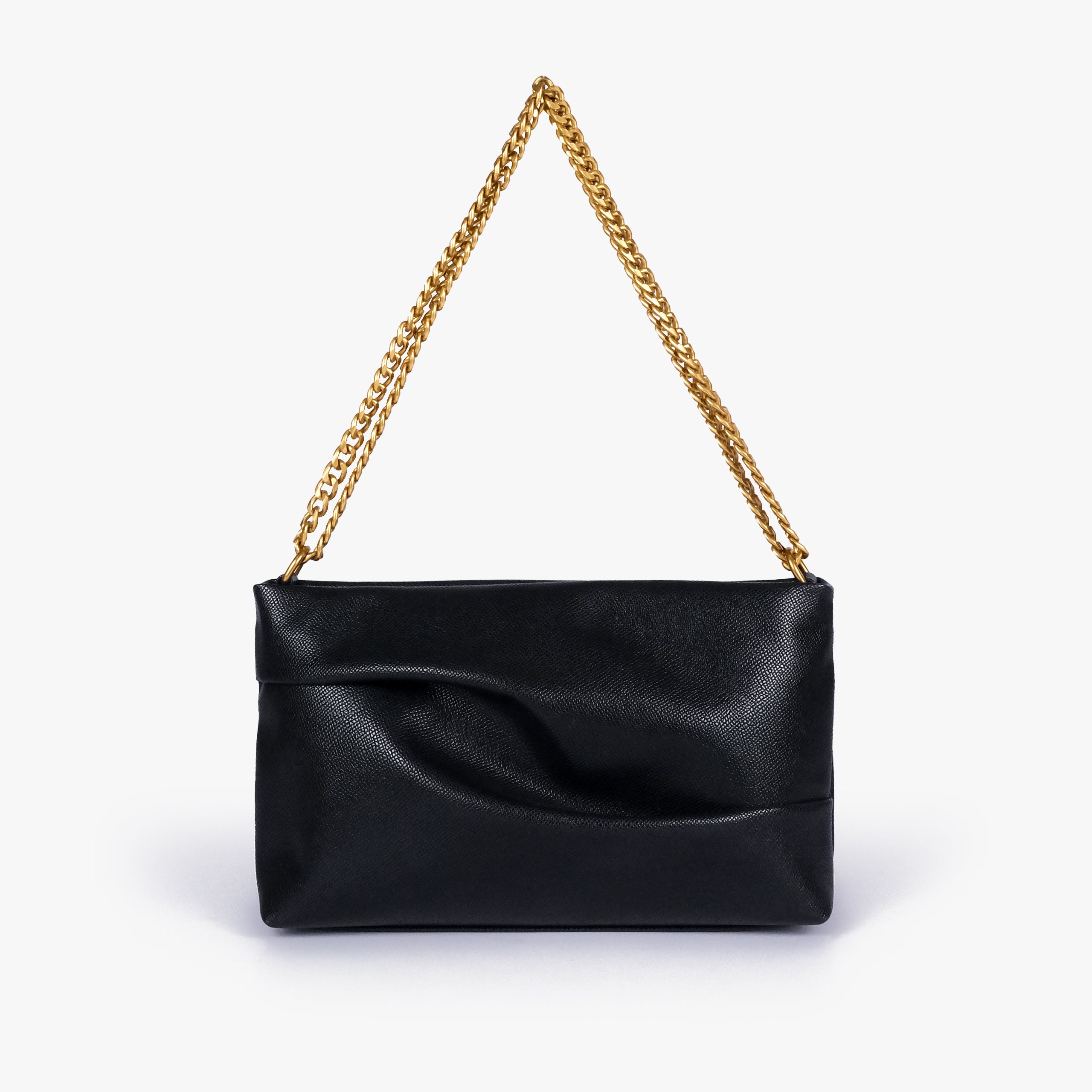 Black pleated clutch bag with chain — straight-on front view showing the sculpted pleats, top edge and gold-tone chain shoulder carry, deep black