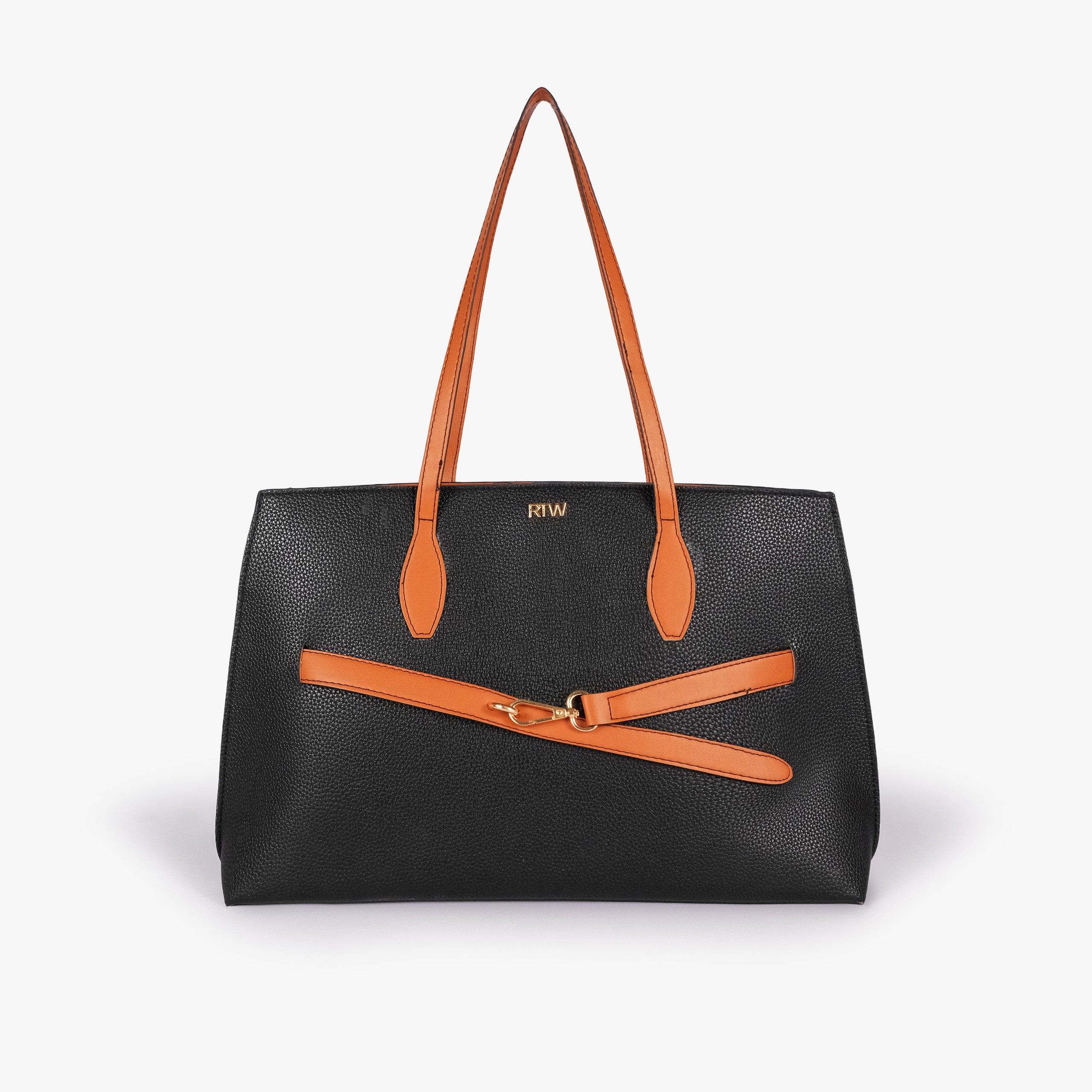 Black Monday Tote — front straight-on view, burnt orange handles up, decorative orange belt with gold doglock buckle, trapezoid silhouette
