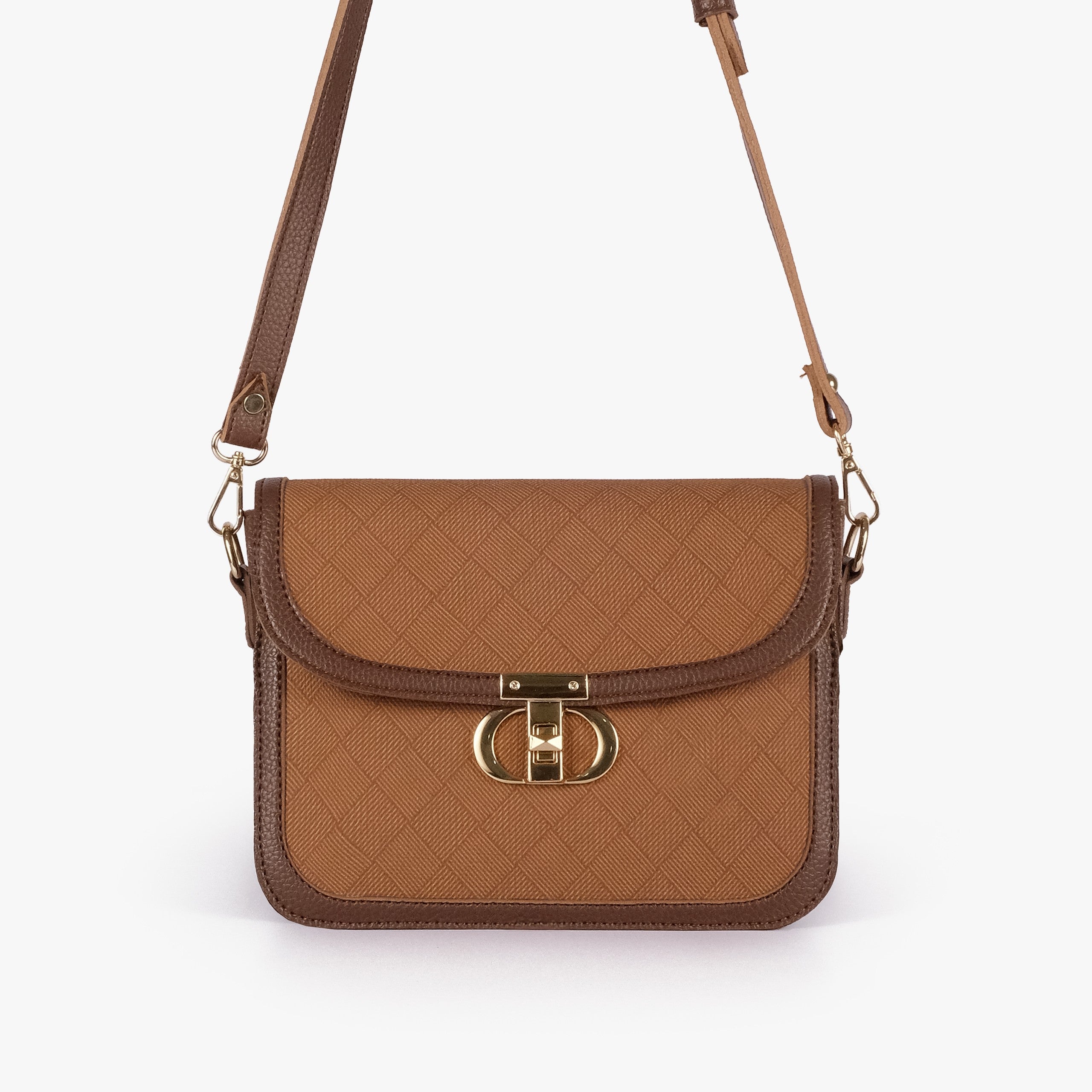Tan contrast cross-body bag — front view with strap overhead, cross-body wear position