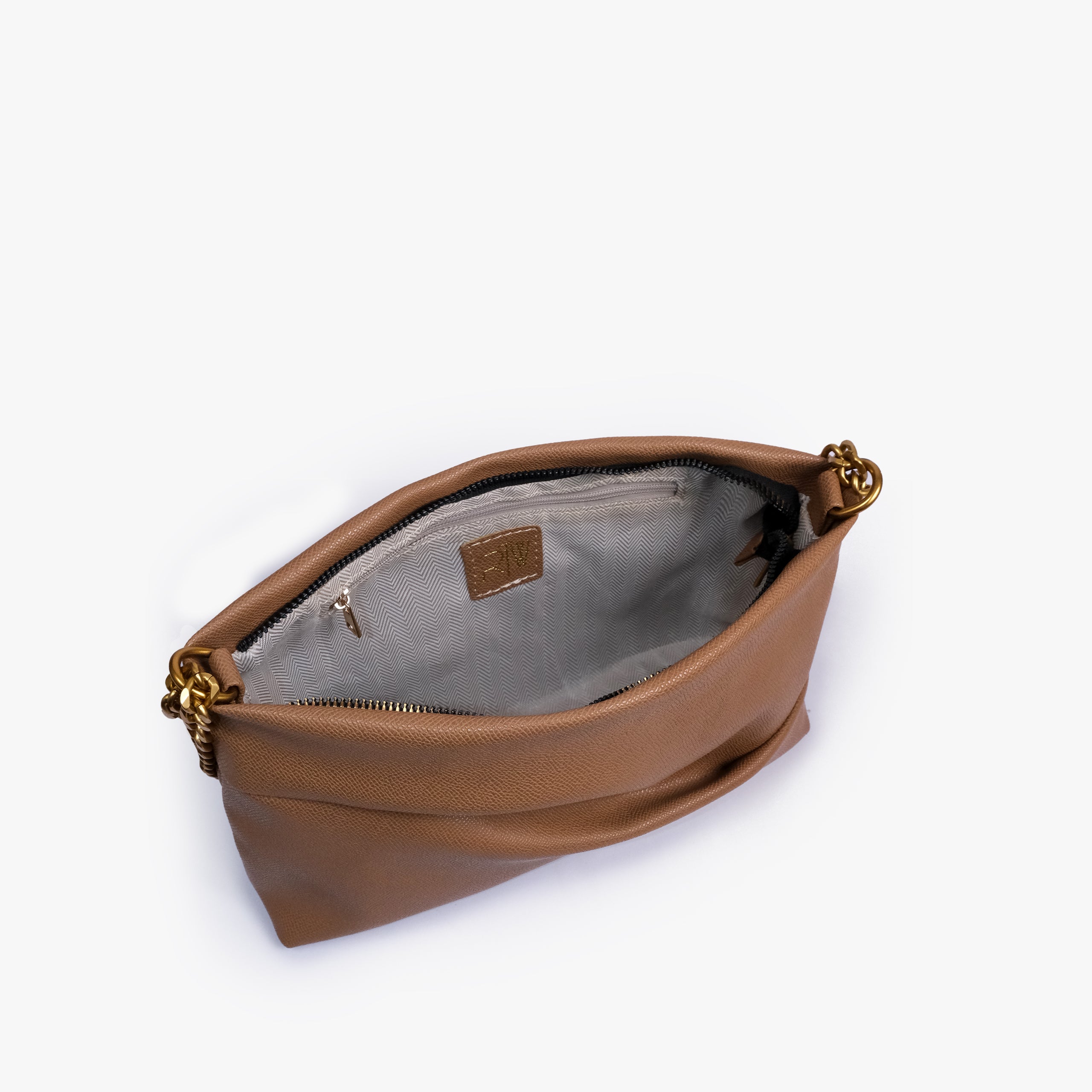 Coffee pleated clutch bag with chain — open interior view showing the zipper closure, light lining, RTW label and interior zip pocket, muted coffee tan