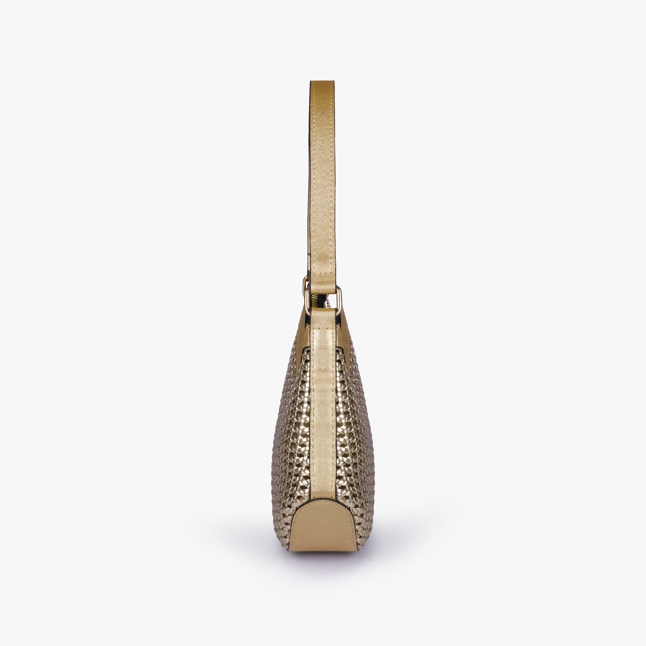 Side profile of Golden woven shoulder bag