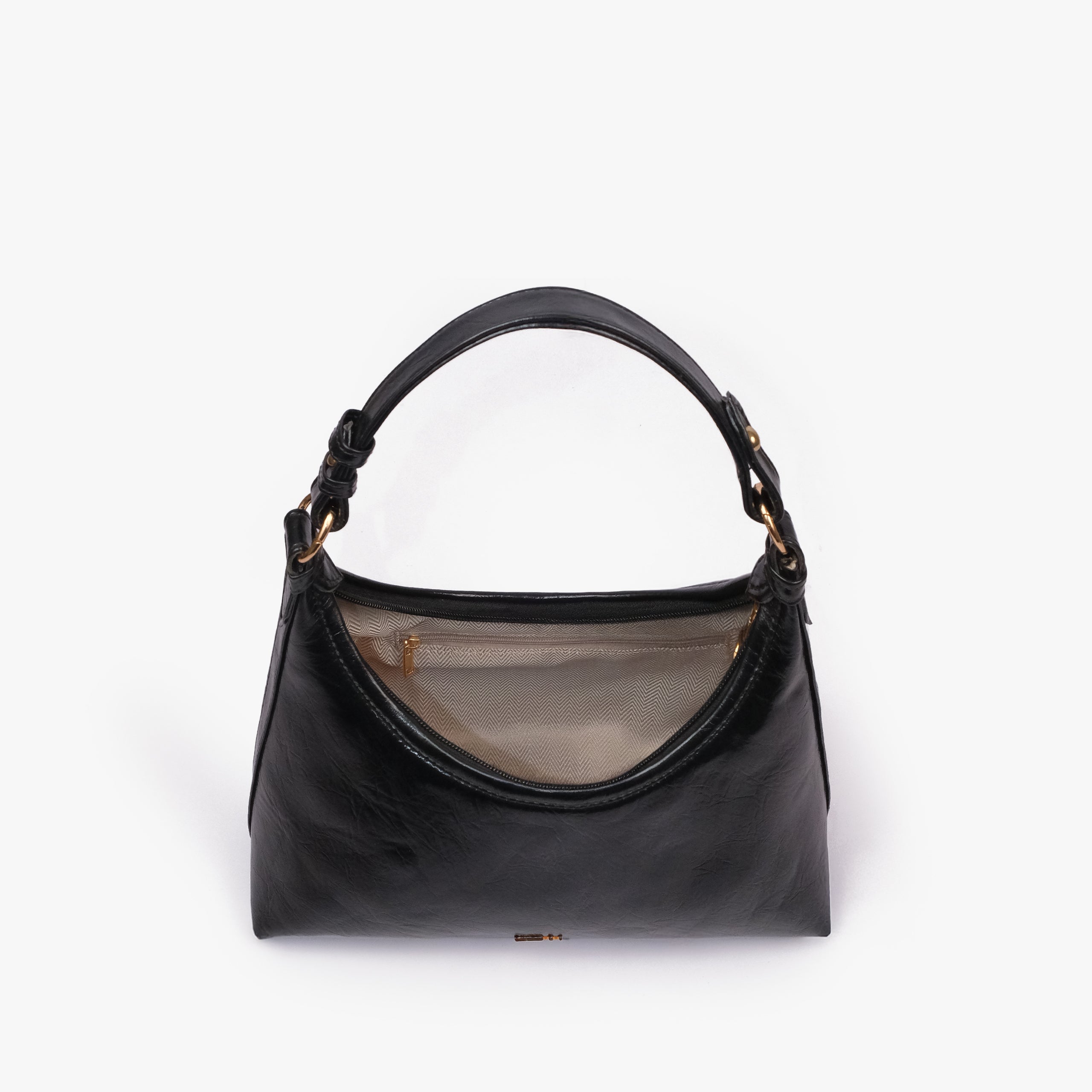 Black crinkle crescent hobo — interior view showing the zip-top opening and dark-lined main compartment