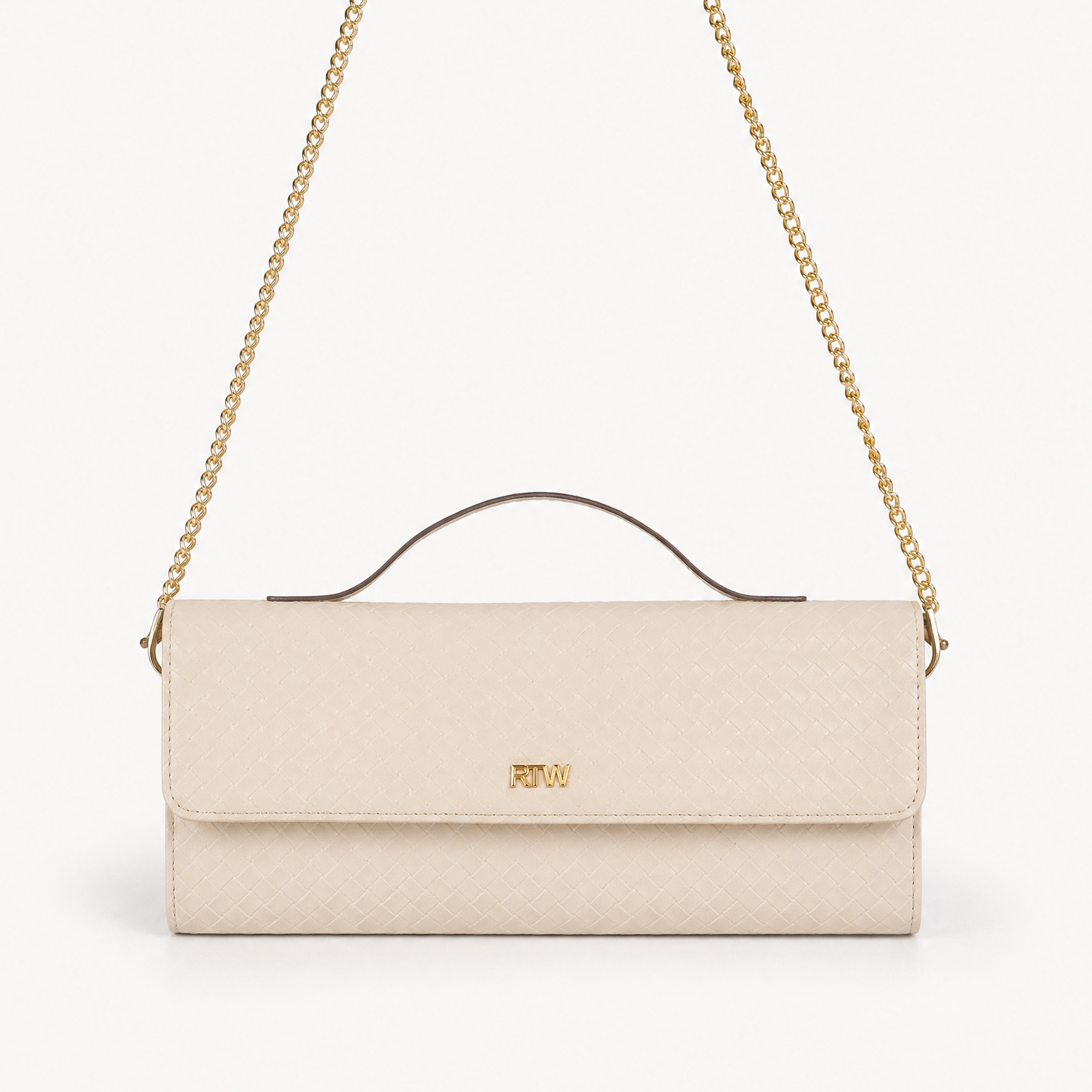 Pale woven cream weave clutch — front view with gold chain worn as shoulder strap overhead