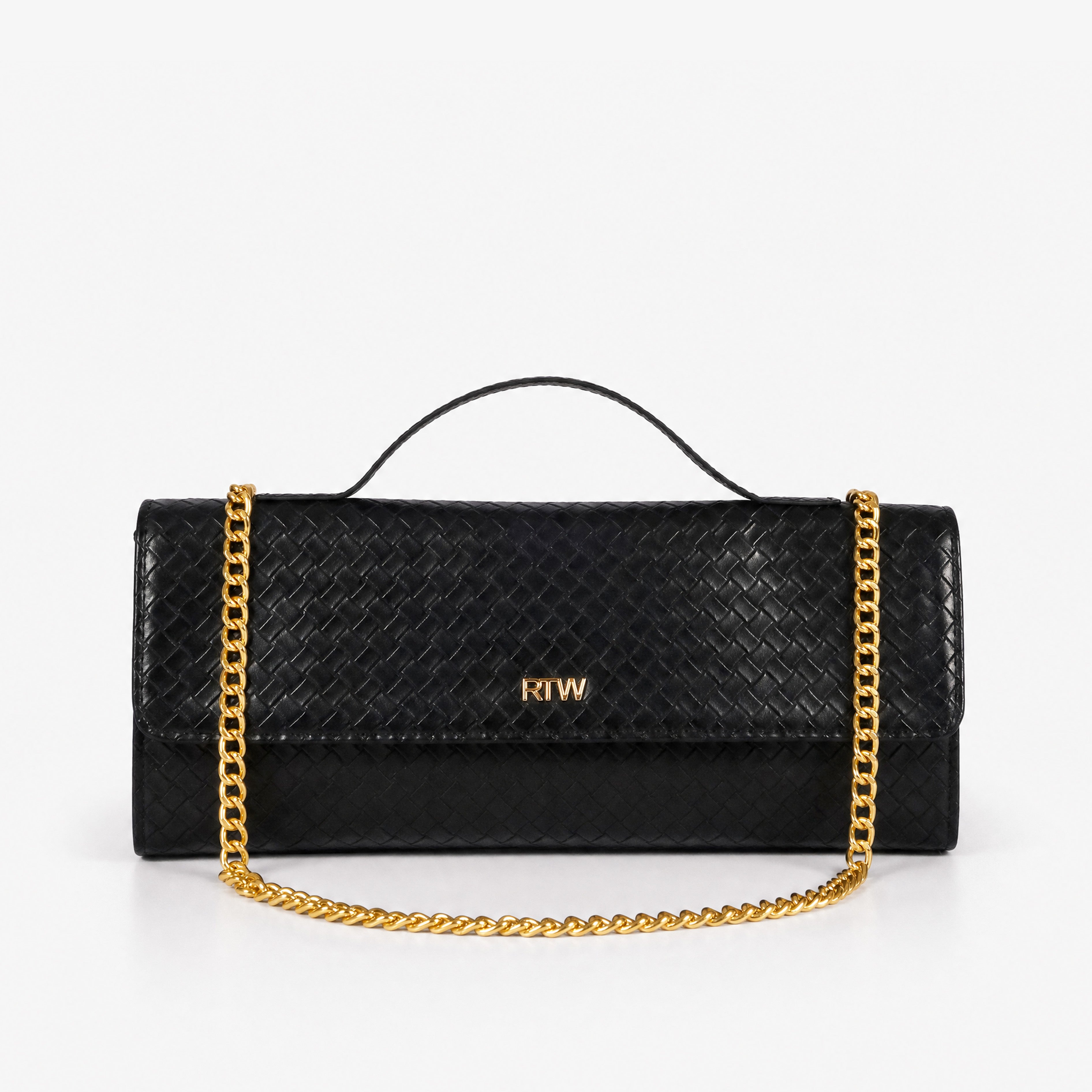 Woven black weave clutch — front view with gold chain draped horizontally across weave body