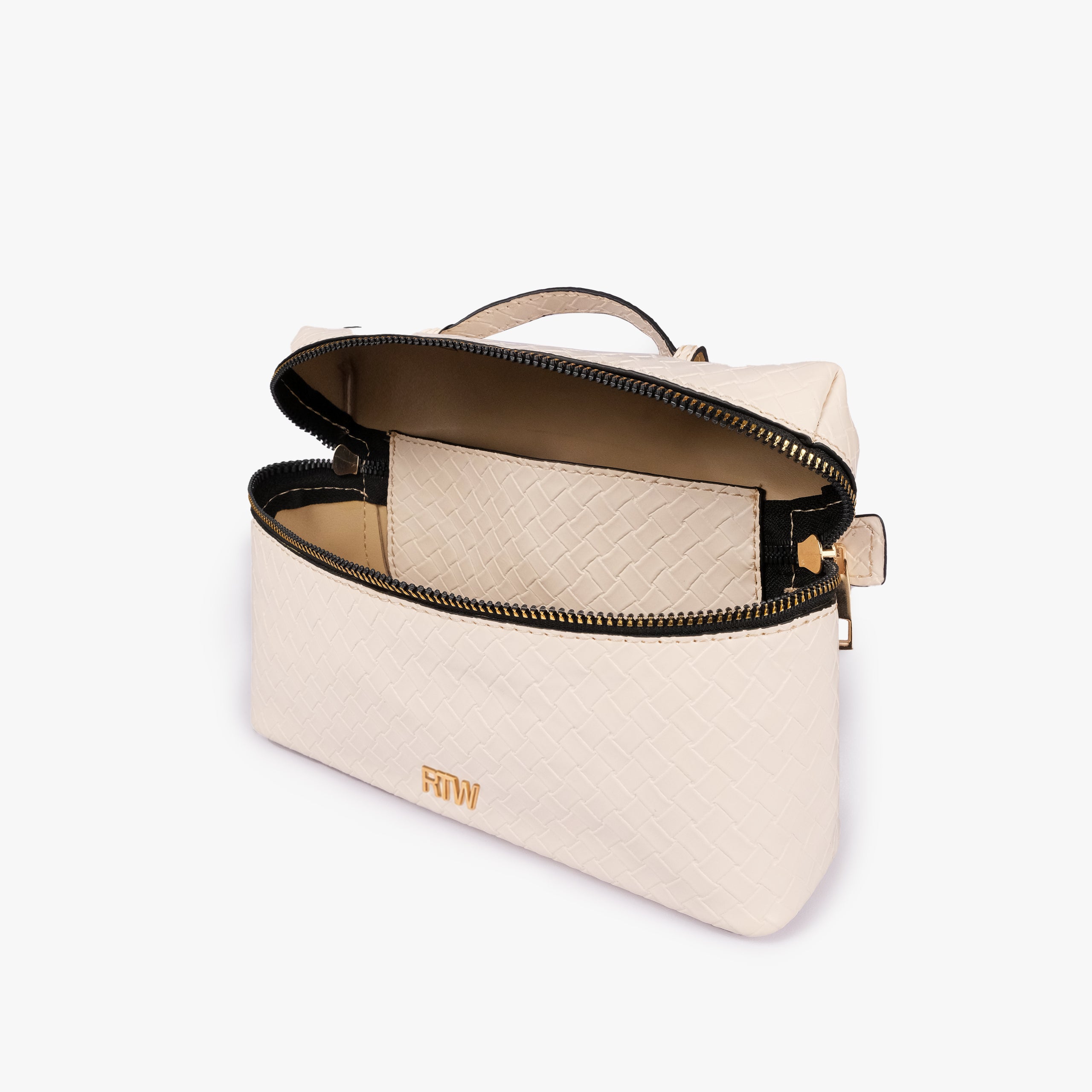 Cream weave vanity top-handle bag — interior open view showing the lid lifted upward, zip-around opening, and lined single main compartment
