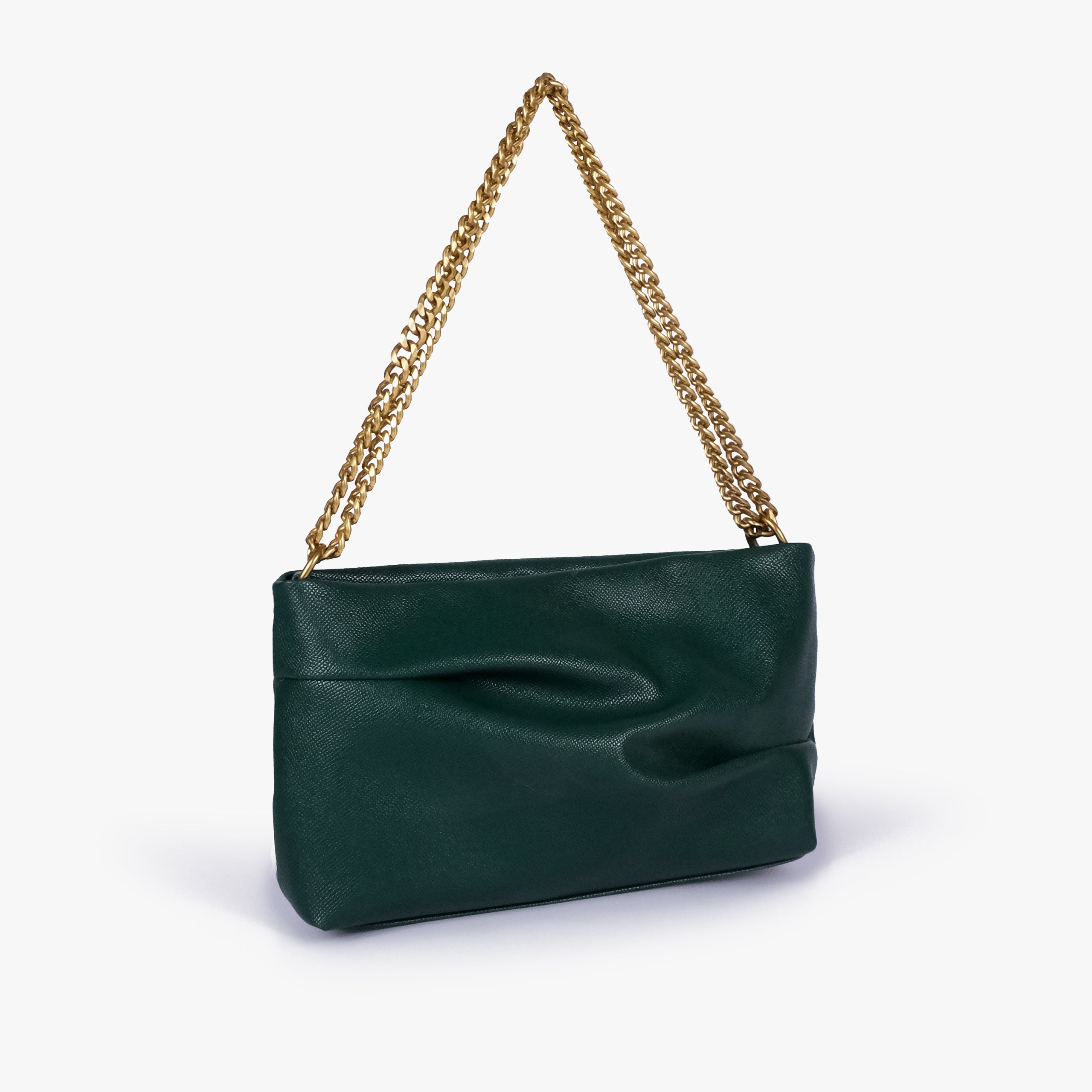 Green pleated clutch bag with chain — three-quarter view showing the slim rectangular silhouette, pleated panel and gold-tone chain, deep bottle green