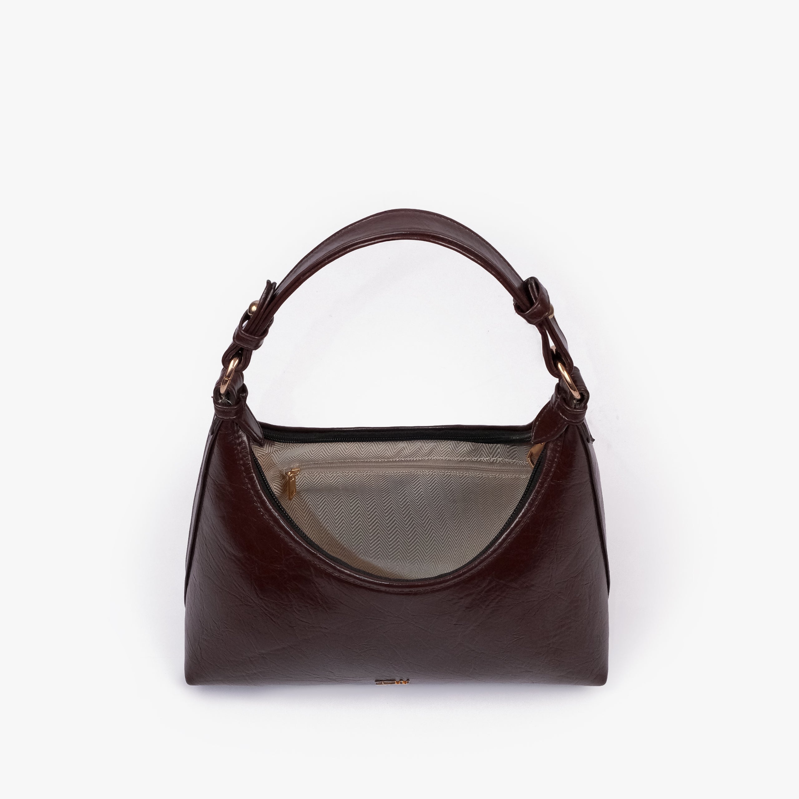 Dark brown crinkle crescent hobo — interior view showing the zip-top opening and dark-lined main compartment