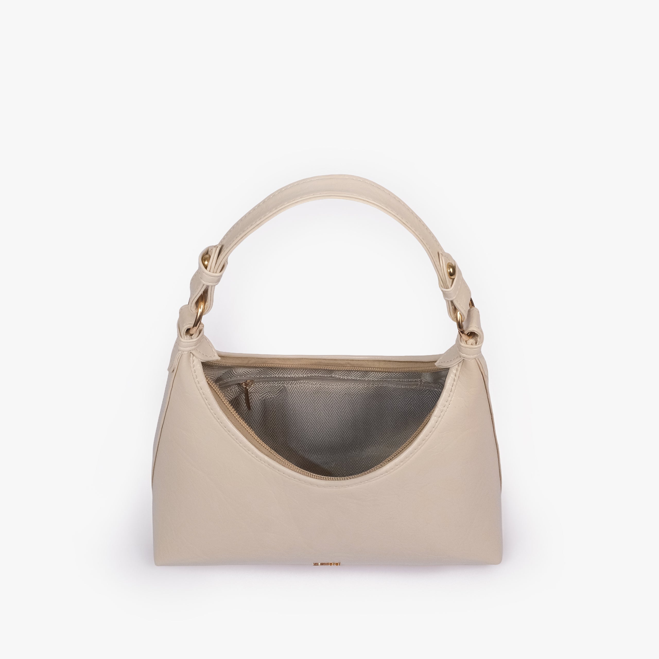 Pearl crinkle crescent hobo — interior view showing the zip-top opening and dark-lined main compartment