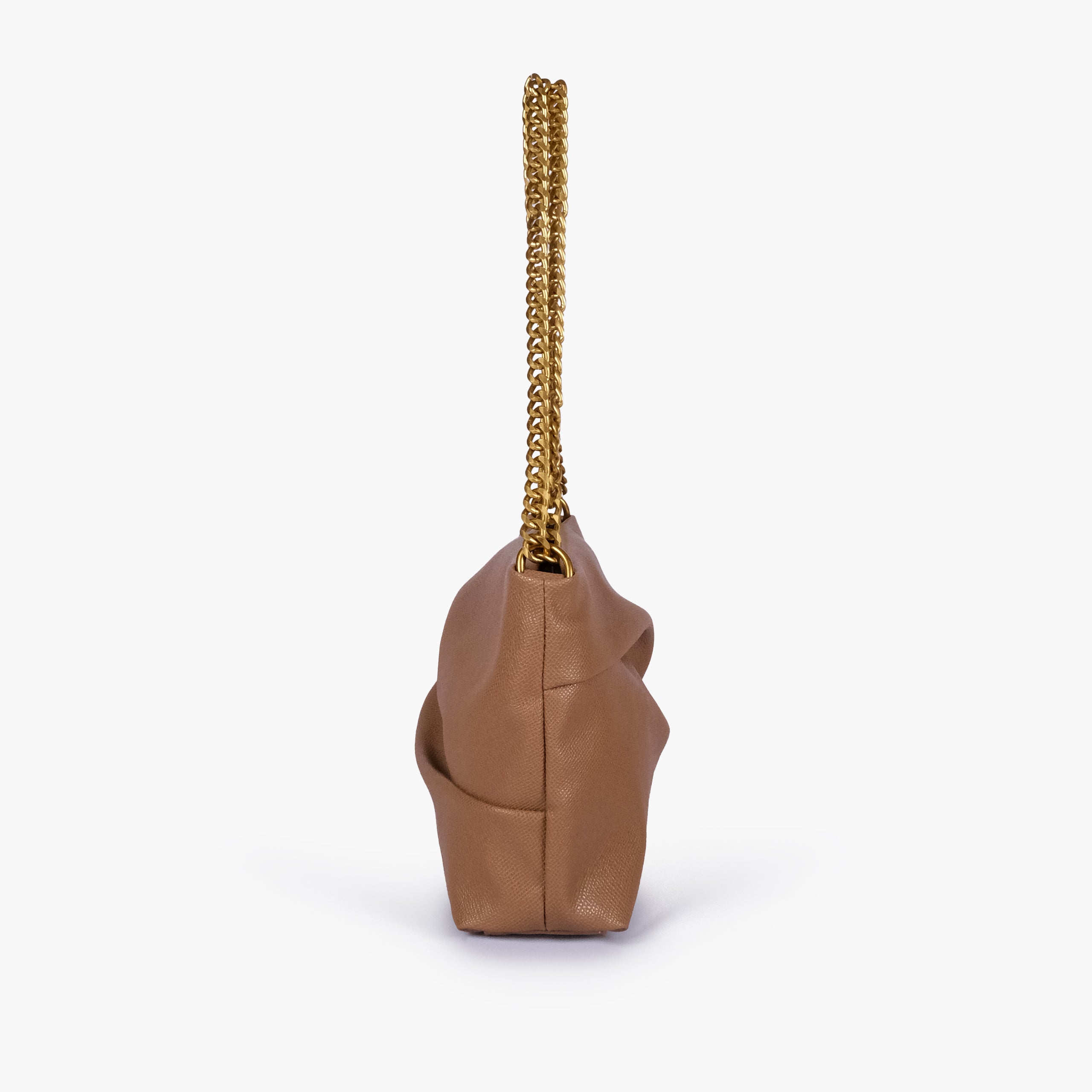 Coffee pleated clutch bag with chain — side profile showing the narrow gusset, chain attachment and folded panel construction, muted coffee tan