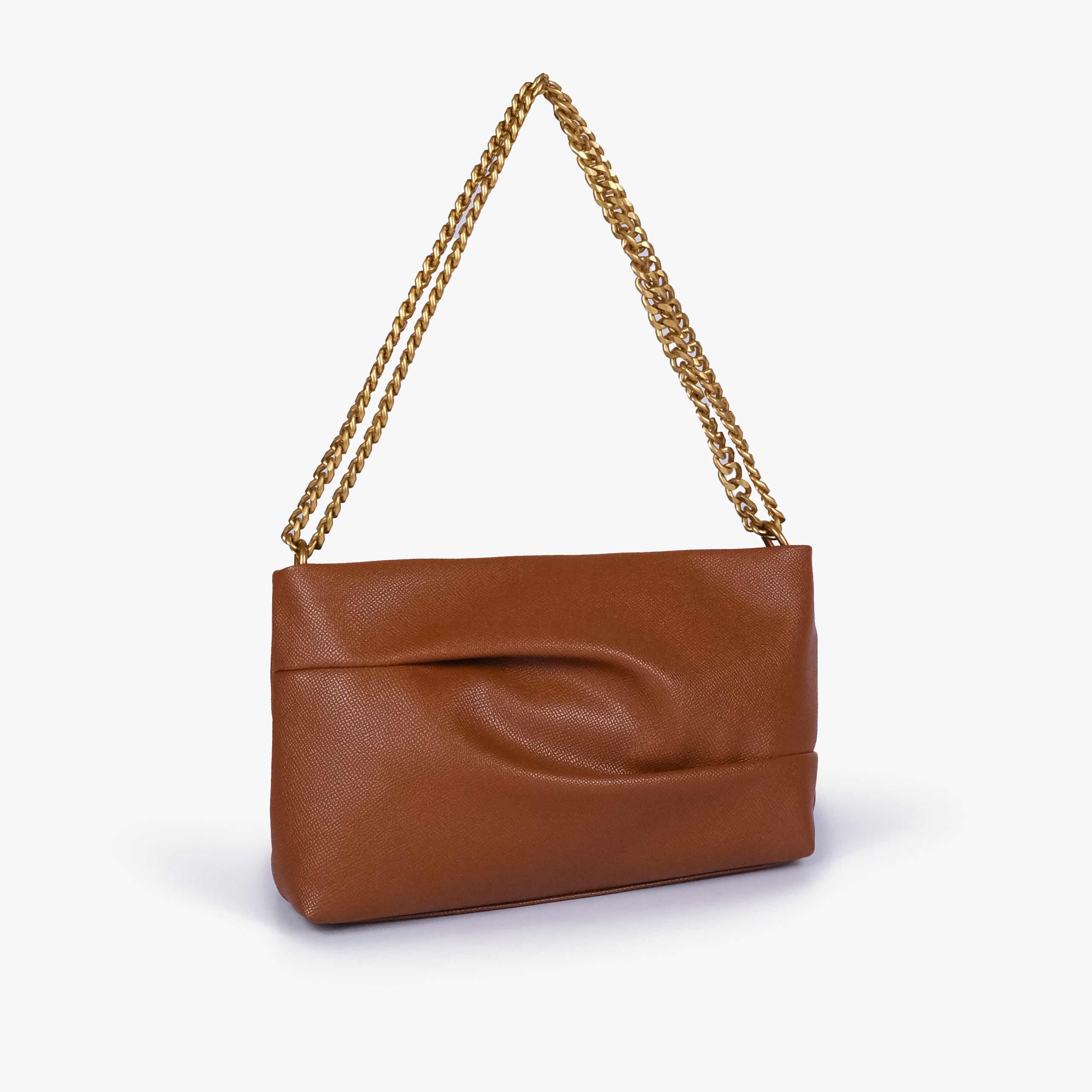 Horse brown pleated clutch bag with chain — three-quarter view showing the slim rectangular silhouette, pleated panel and gold-tone chain, warm cognac brown