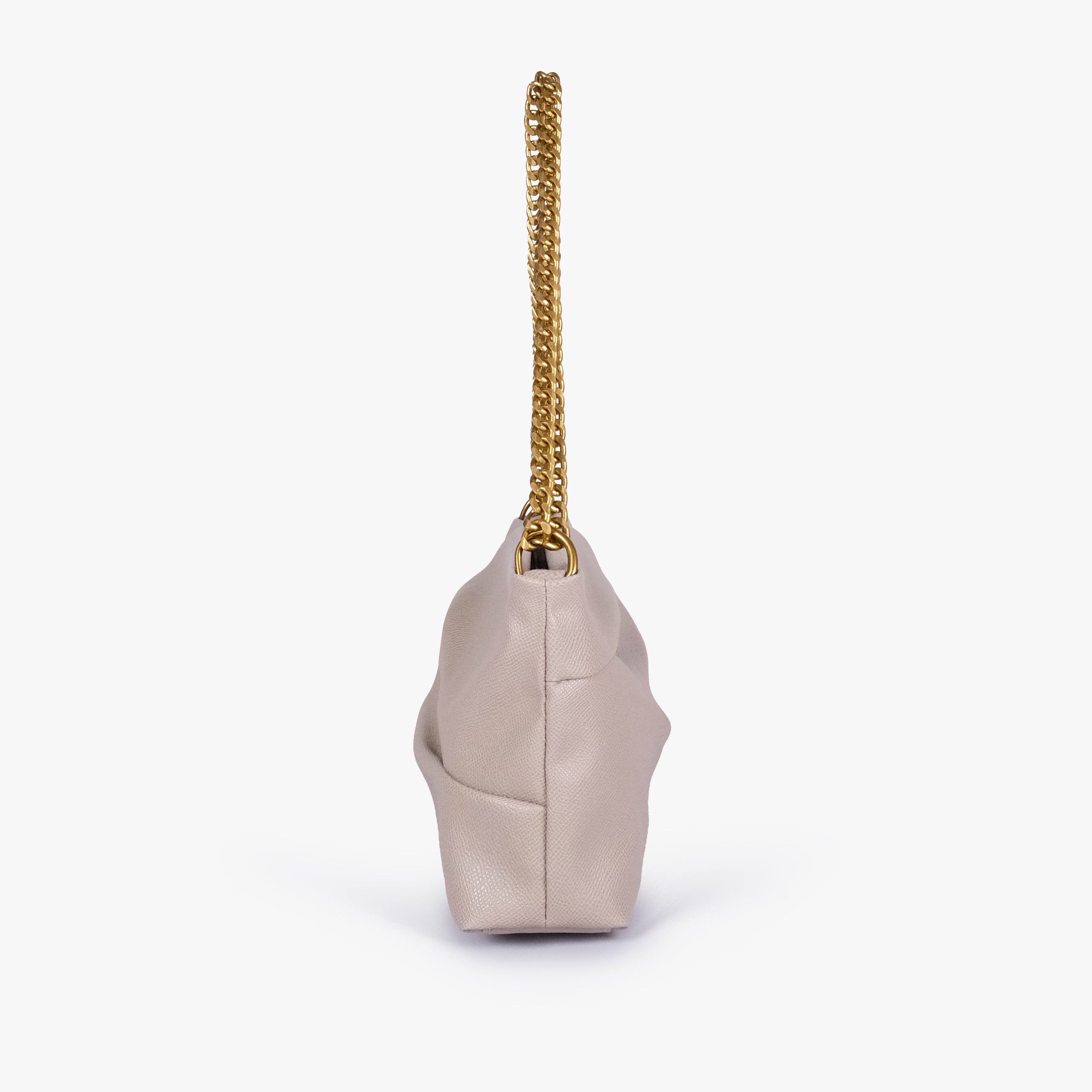 Taupe pleated clutch bag with chain — side profile showing the narrow gusset, chain attachment and folded panel construction, pale gray-beige taupe
