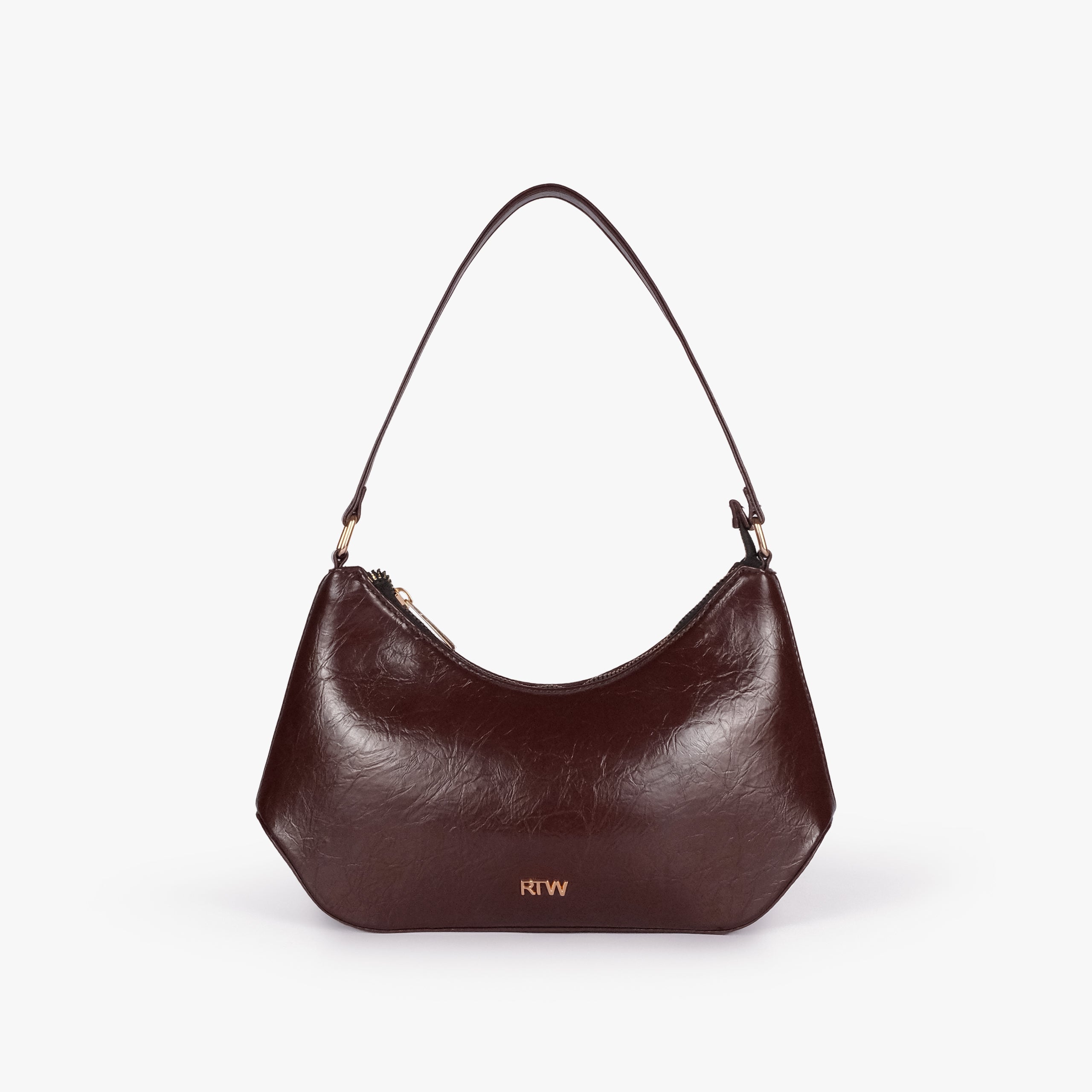 Dark brown crinkle shoulder bag — front view showing the soft crinkle faux-leather body and shoulder-bag silhouette