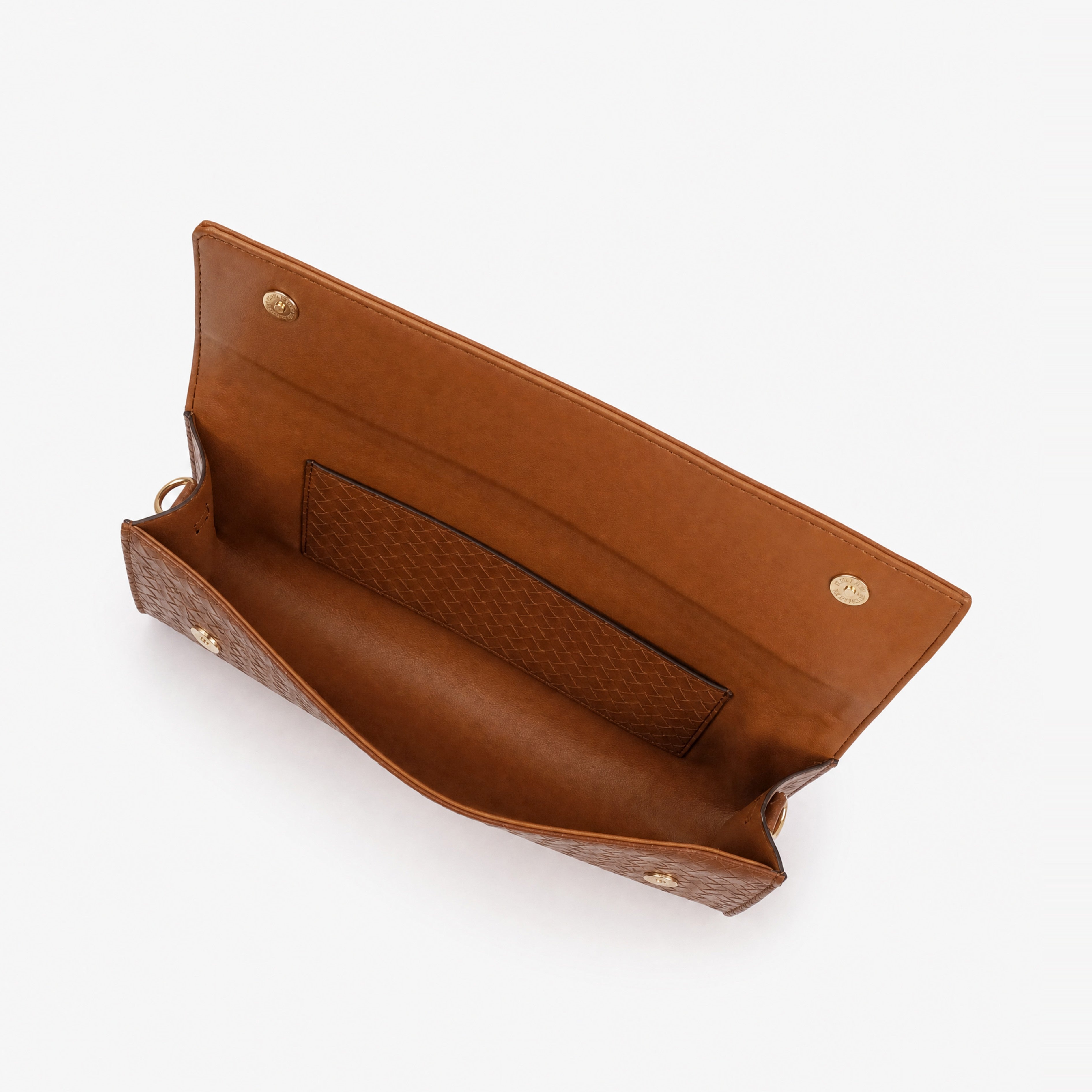 Warm terracotta woven weave clutch — interior open view with smooth cognac faux leather lining and woven-pattern slip pocket