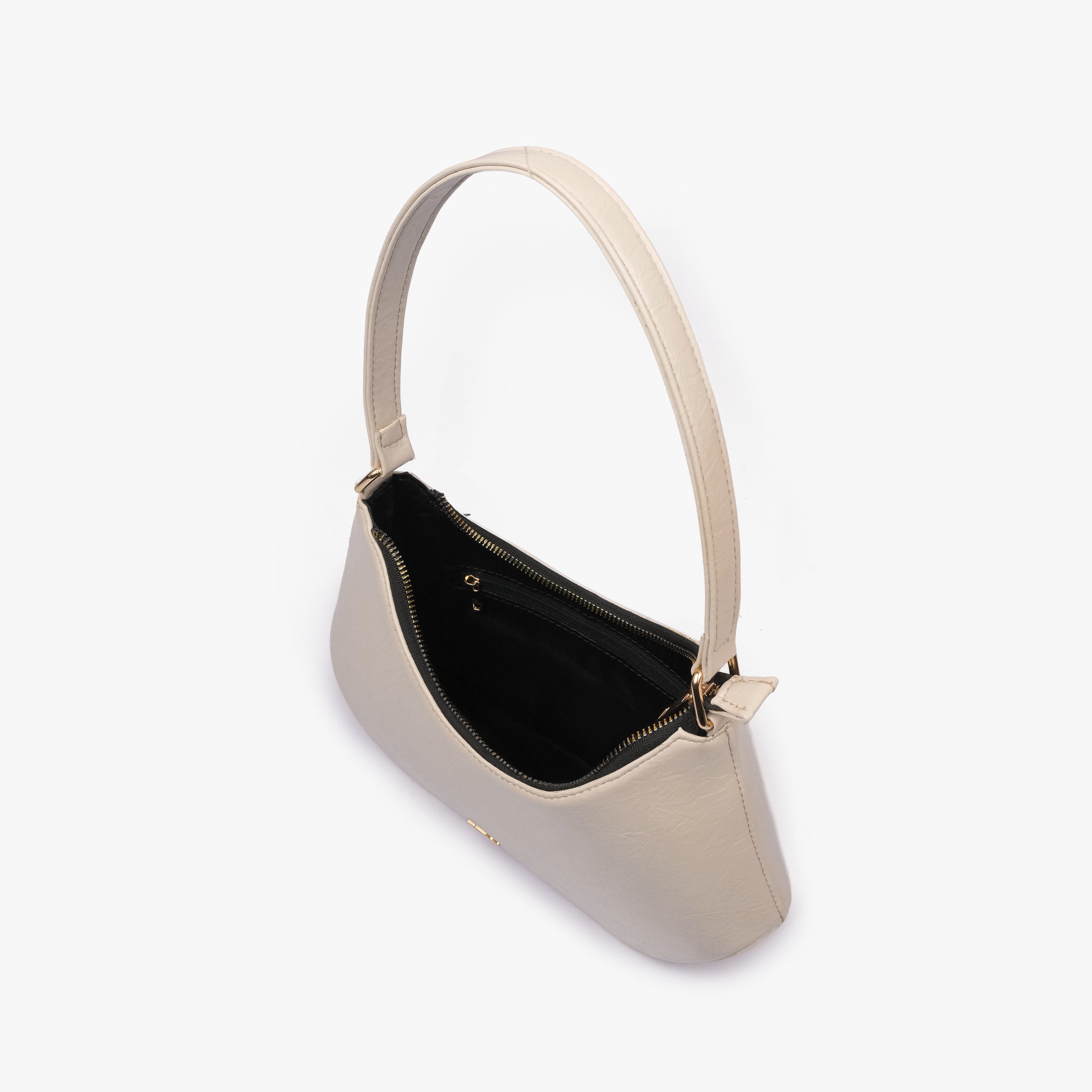 Pearl crinkle shoulder bag — interior view showing the zip-top opening and dark-lined main compartment