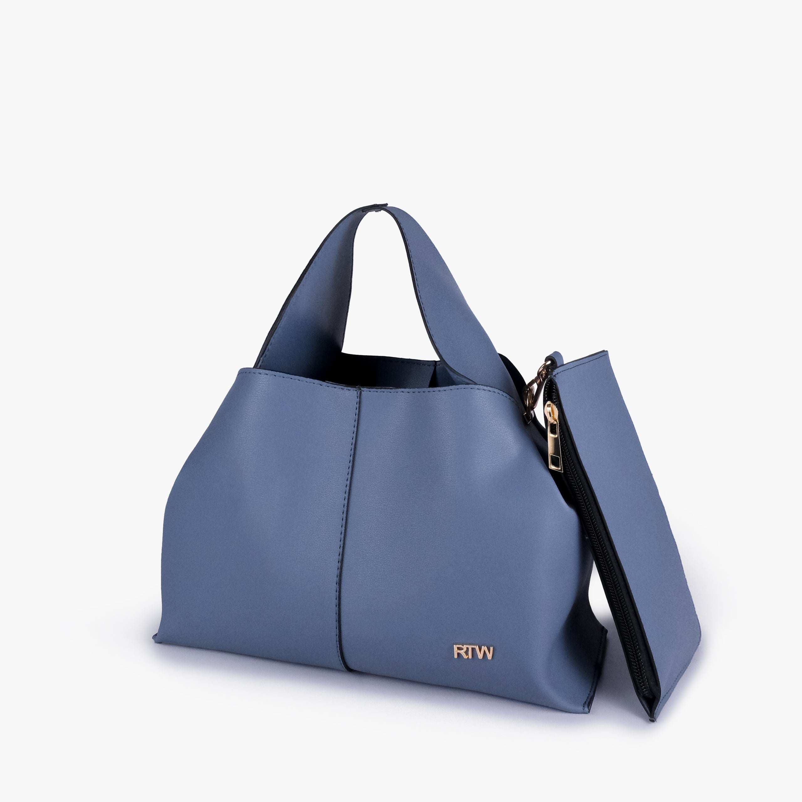 Sky blue draped mini tote in three-quarter view