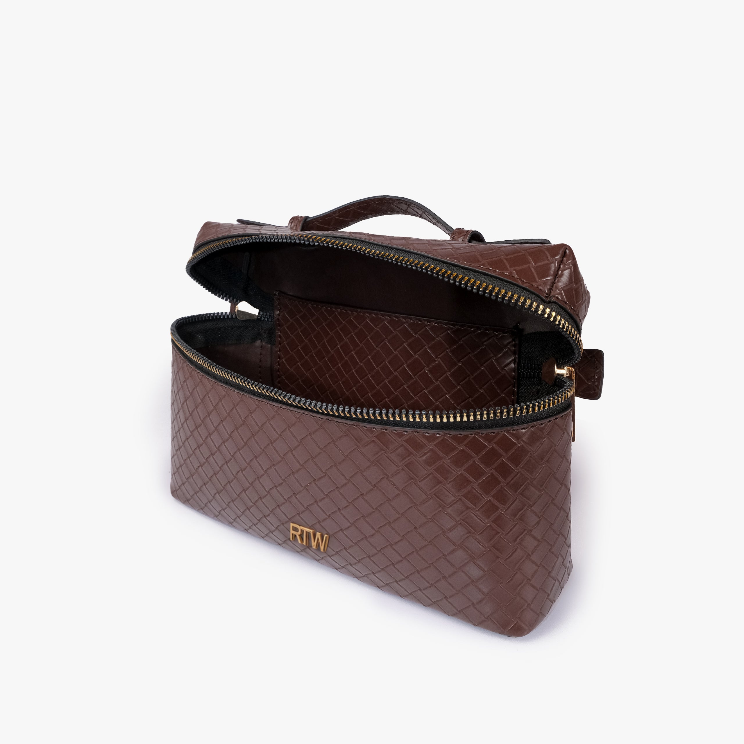 Chocolate brown weave vanity top-handle bag — interior open view showing the lid lifted upward, zip-around opening, and lined single main compartment