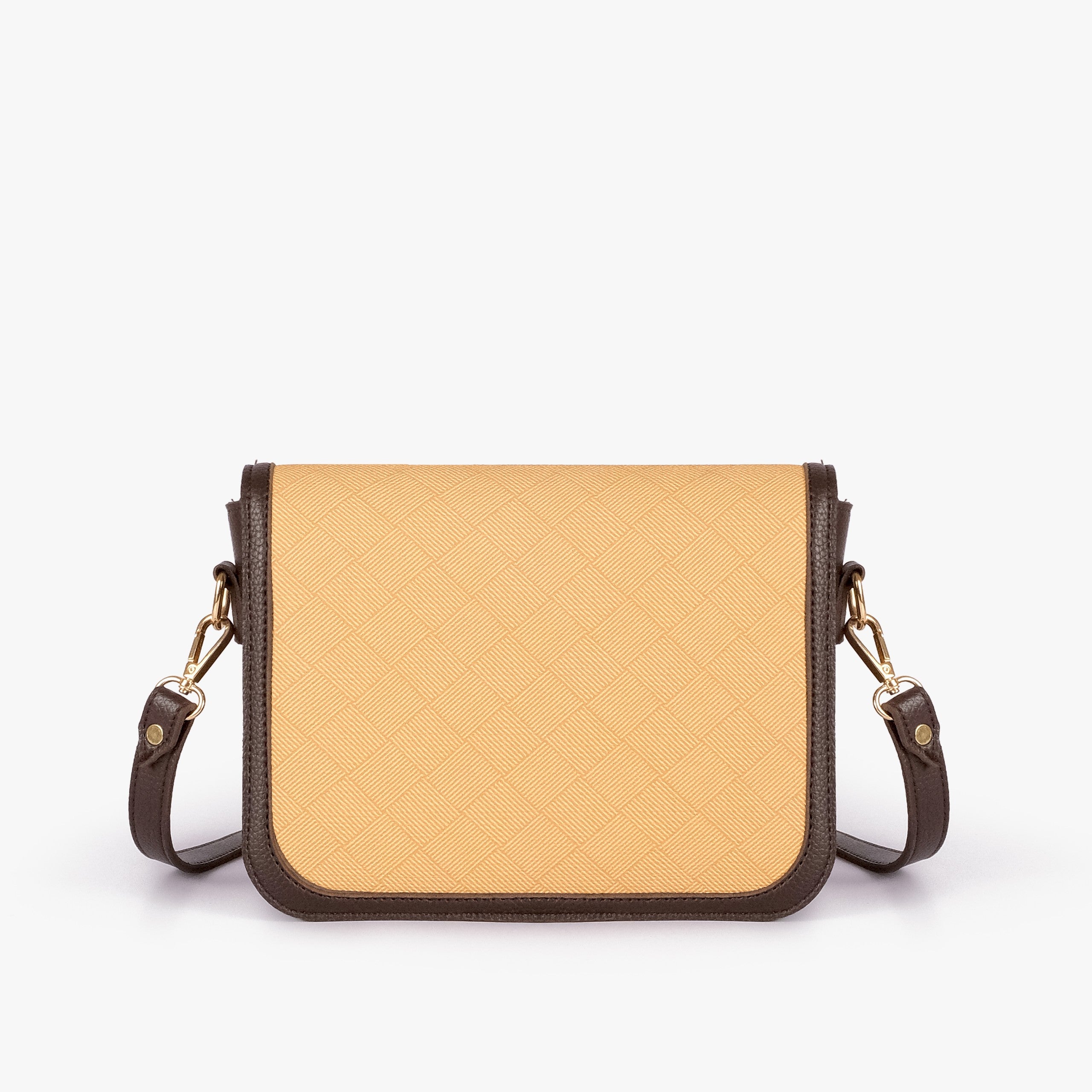 Beige contrast cross-body bag — back view showing amber-gold box-texture panel framed by deep espresso pebbled trim
