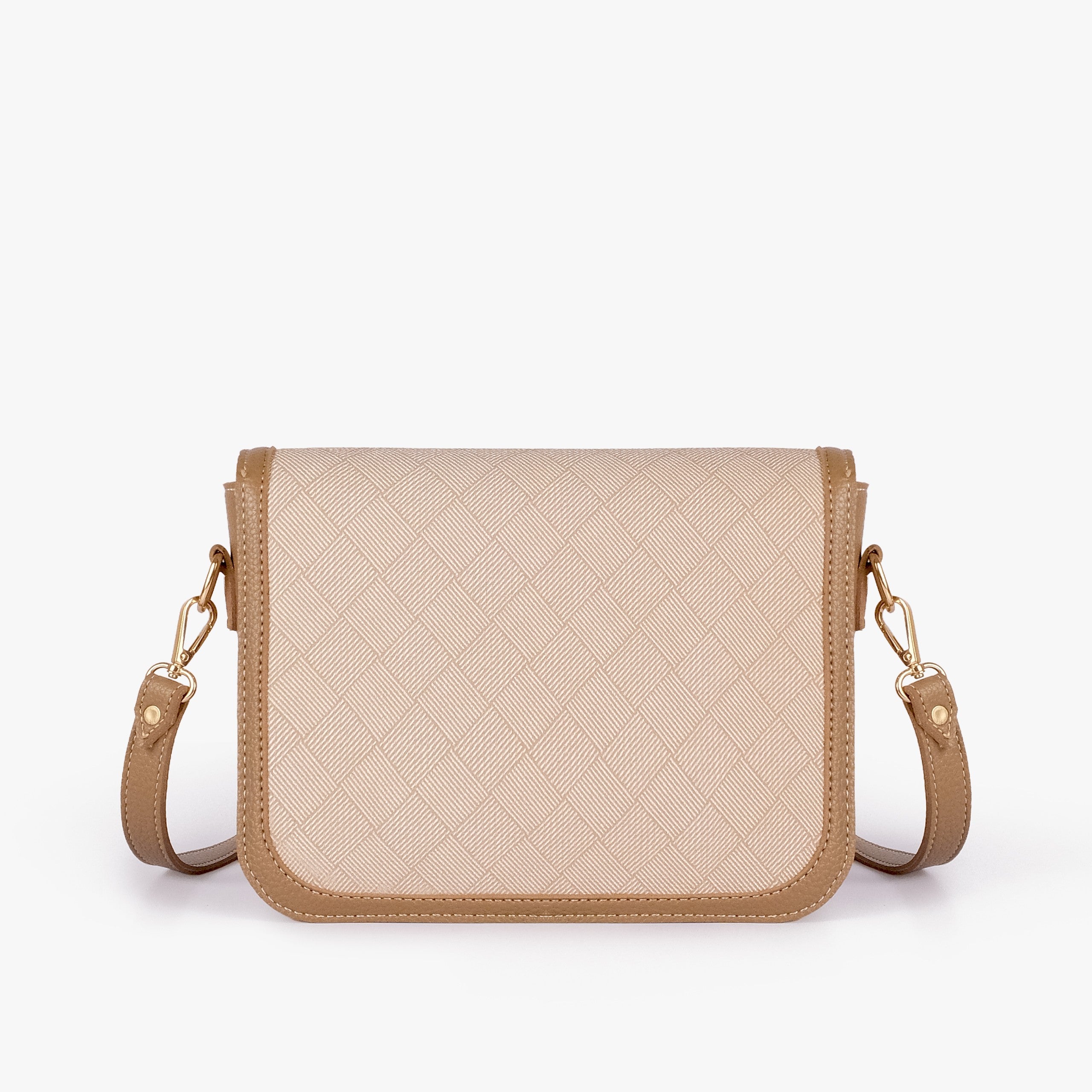 Wheat contrast cross-body bag — back view showing cream box-texture panel framed by camel pebbled trim