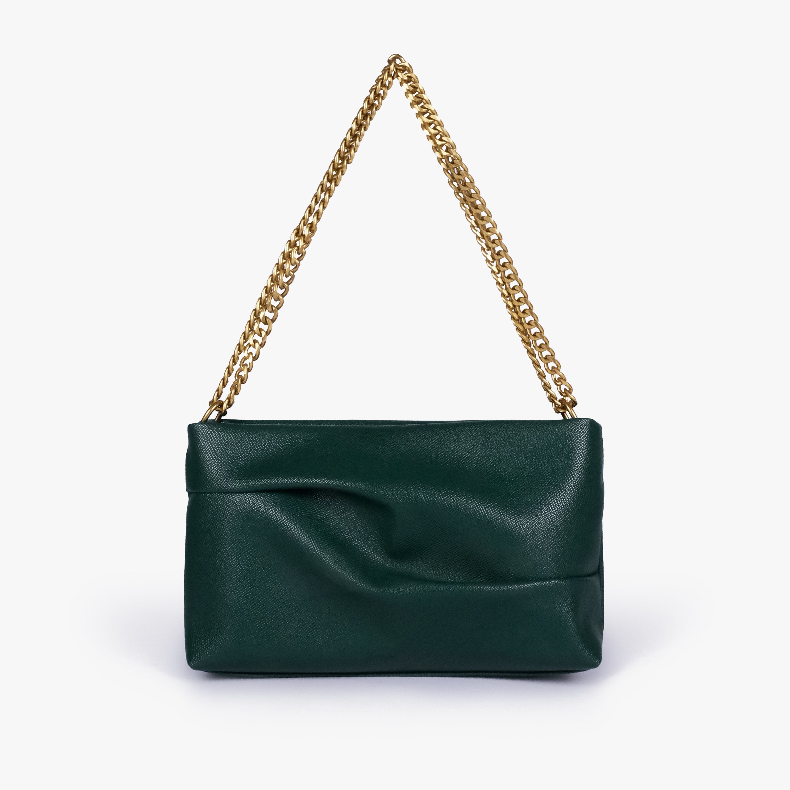Green pleated clutch bag with chain — straight-on front view showing the sculpted pleats, top edge and gold-tone chain shoulder carry, deep bottle green