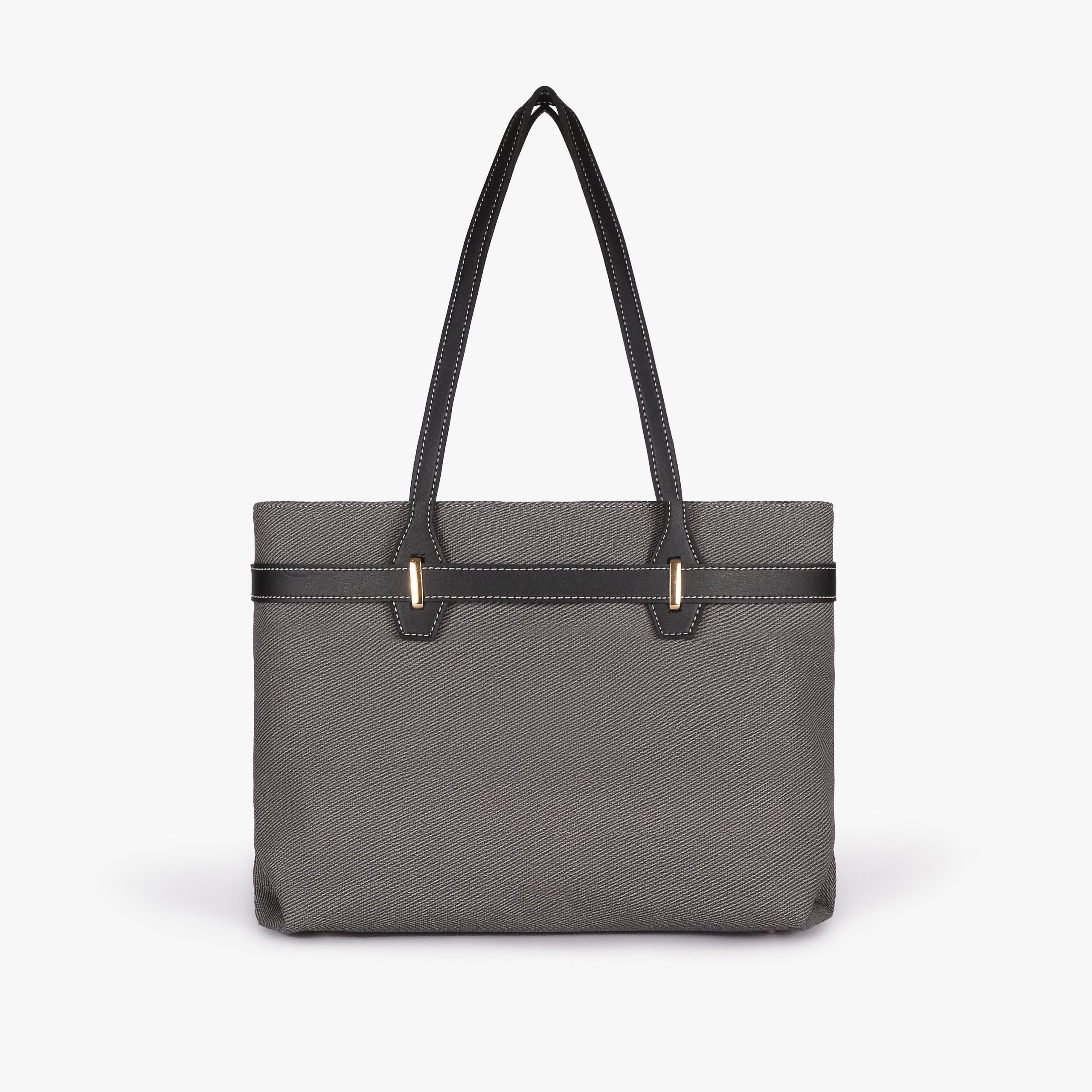 Charcoal belted tote bag — straight-on back view showing the textured back panel, smooth trim, long shoulder handles, and structured rectangular silhouette, charcoal gray textured body with black smooth faux-leather trim