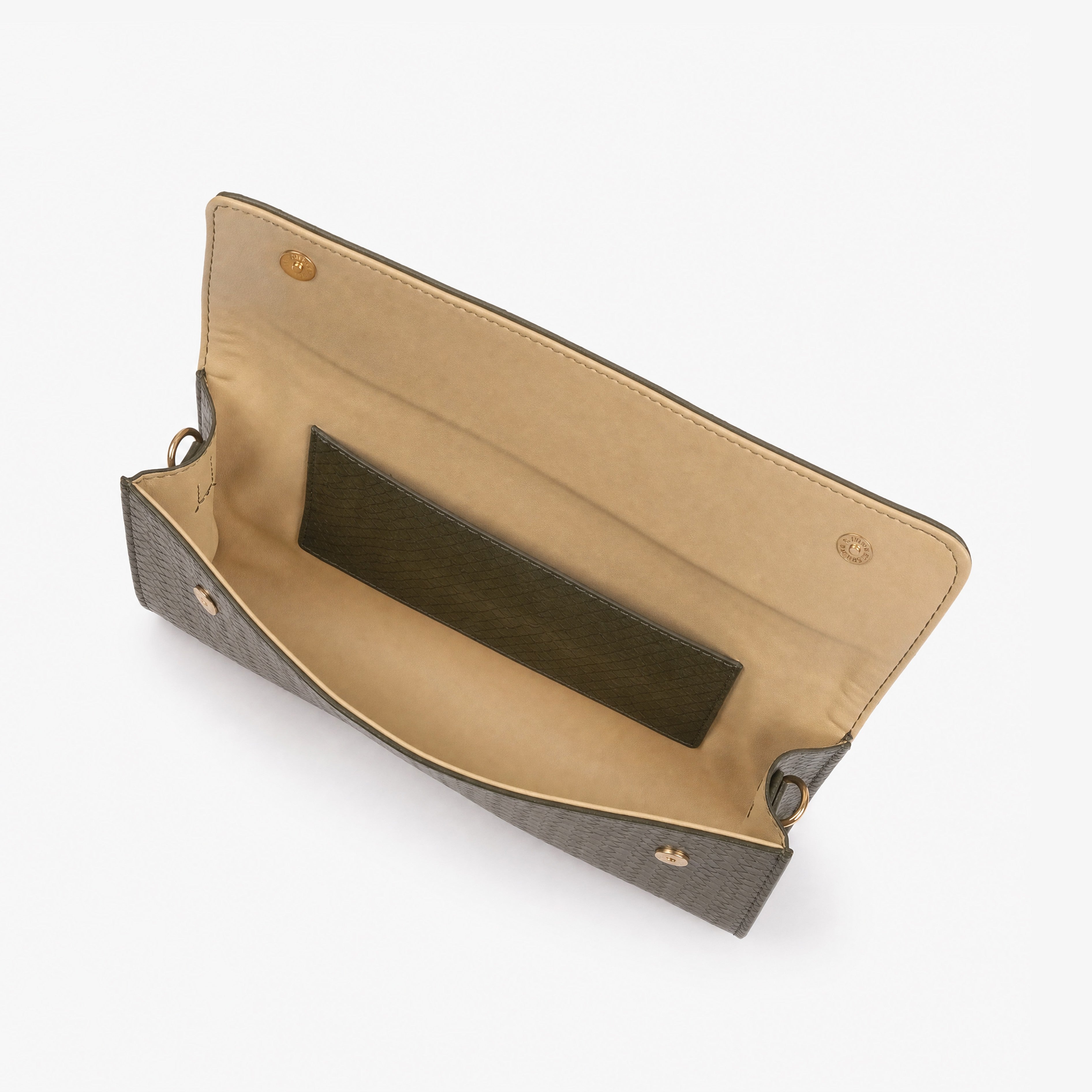 Dark olive woven weave clutch — interior open view with smooth warm sand faux leather lining and olive woven slip pocket