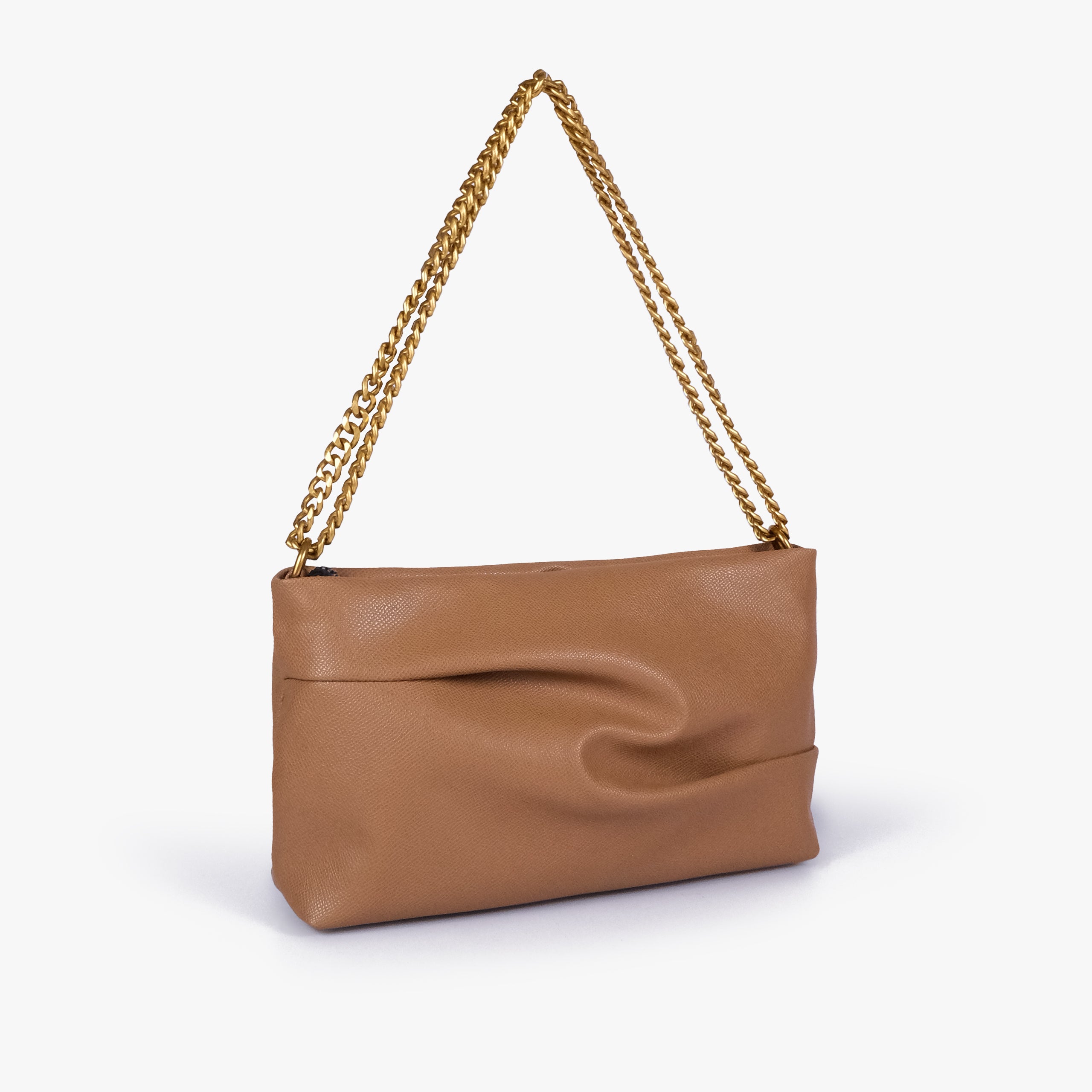 Coffee pleated clutch bag with chain — three-quarter view showing the slim rectangular silhouette, pleated panel and gold-tone chain, muted coffee tan