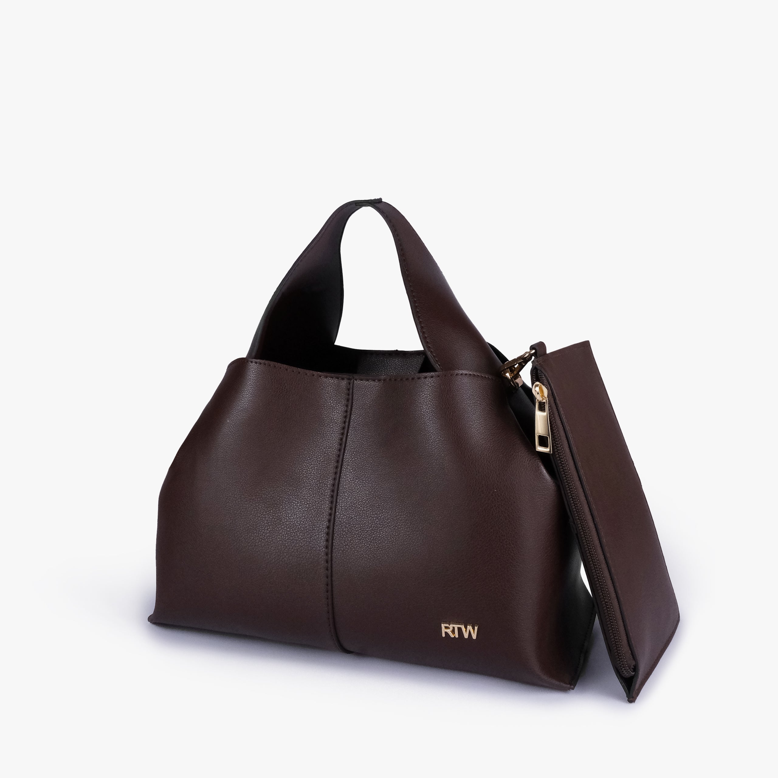 Dark brown draped mini tote in three-quarter view