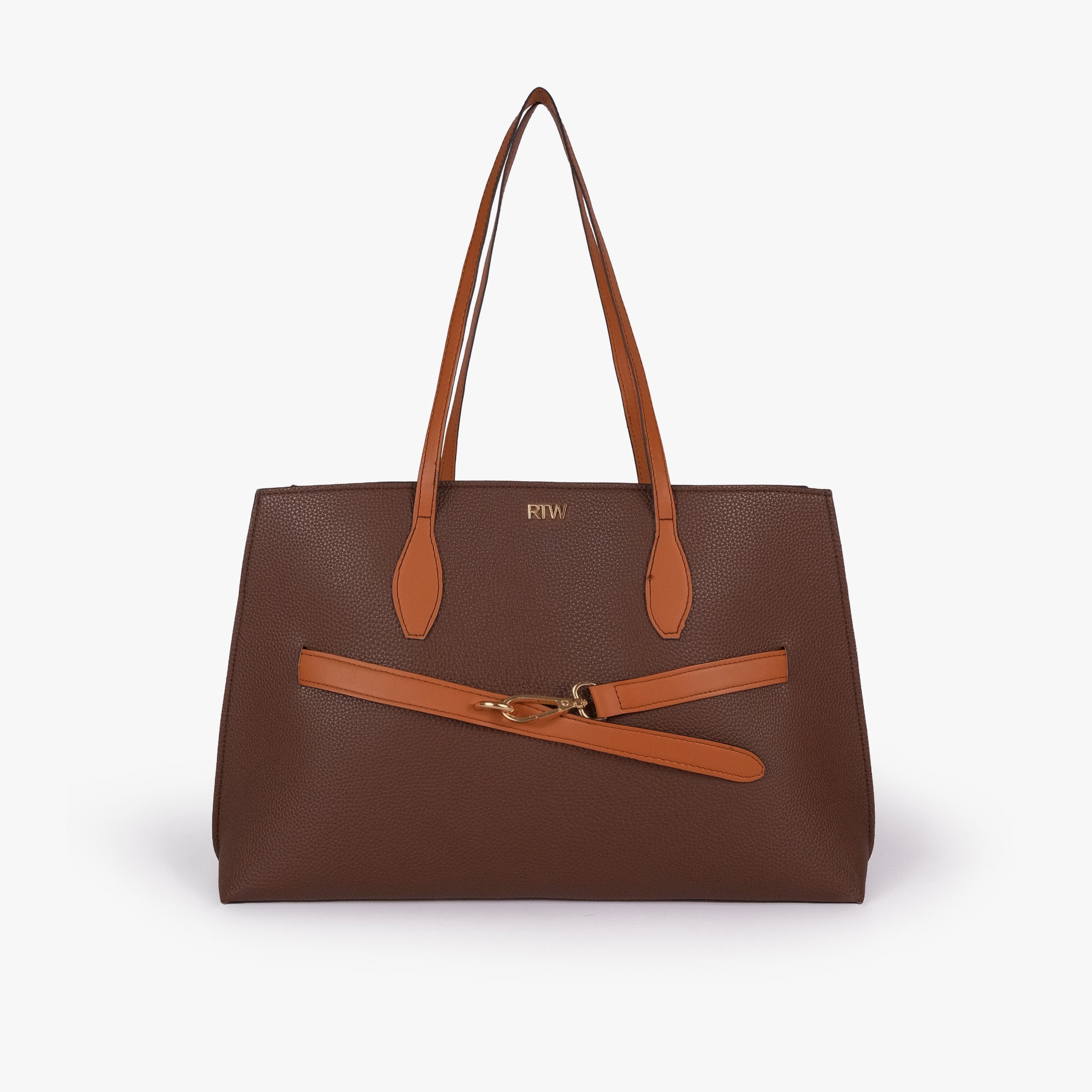 Dark brown Monday Tote — front straight-on view, cognac handles up, decorative cognac belt with gold doglock buckle, trapezoid silhouette