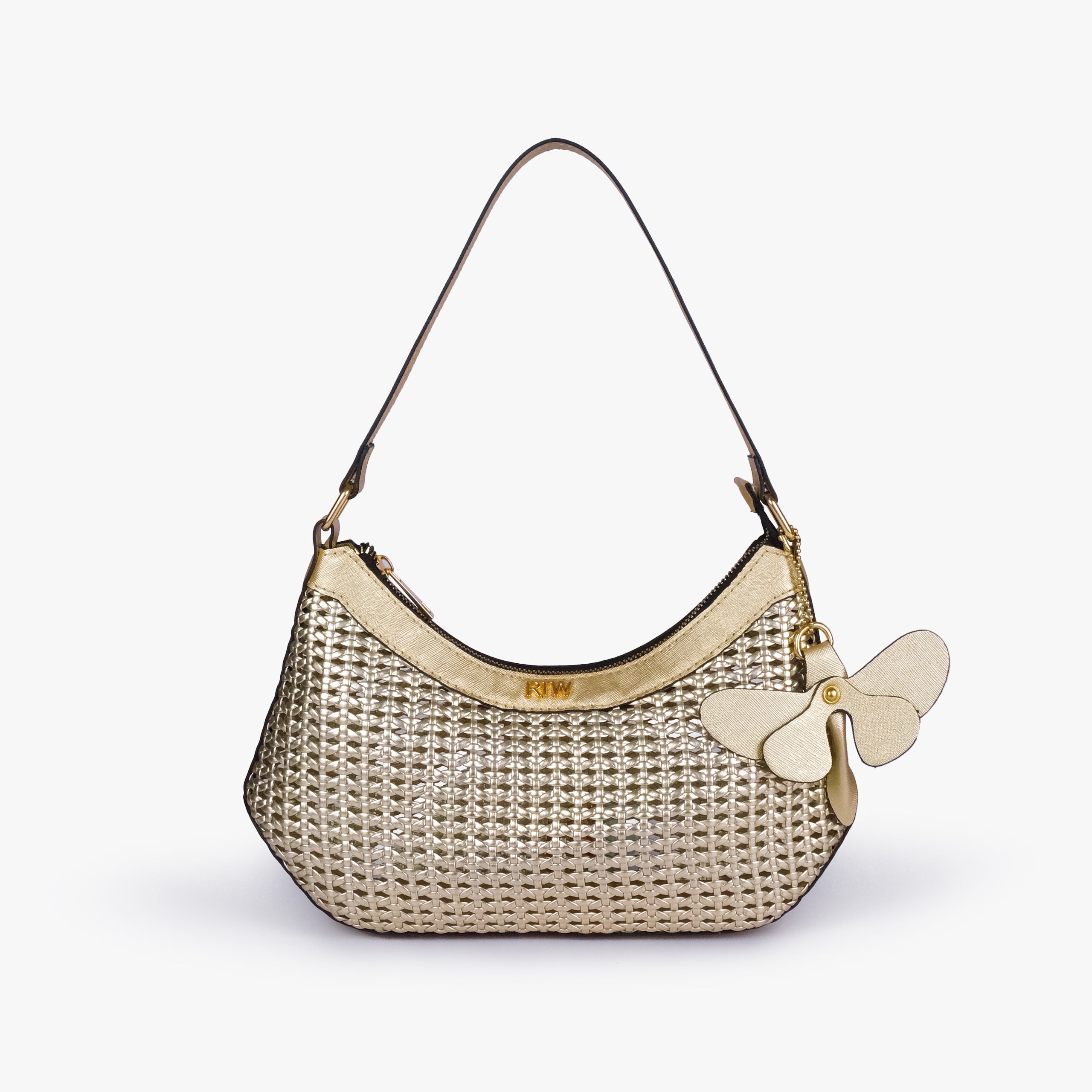 Front view of Golden woven shoulder bag