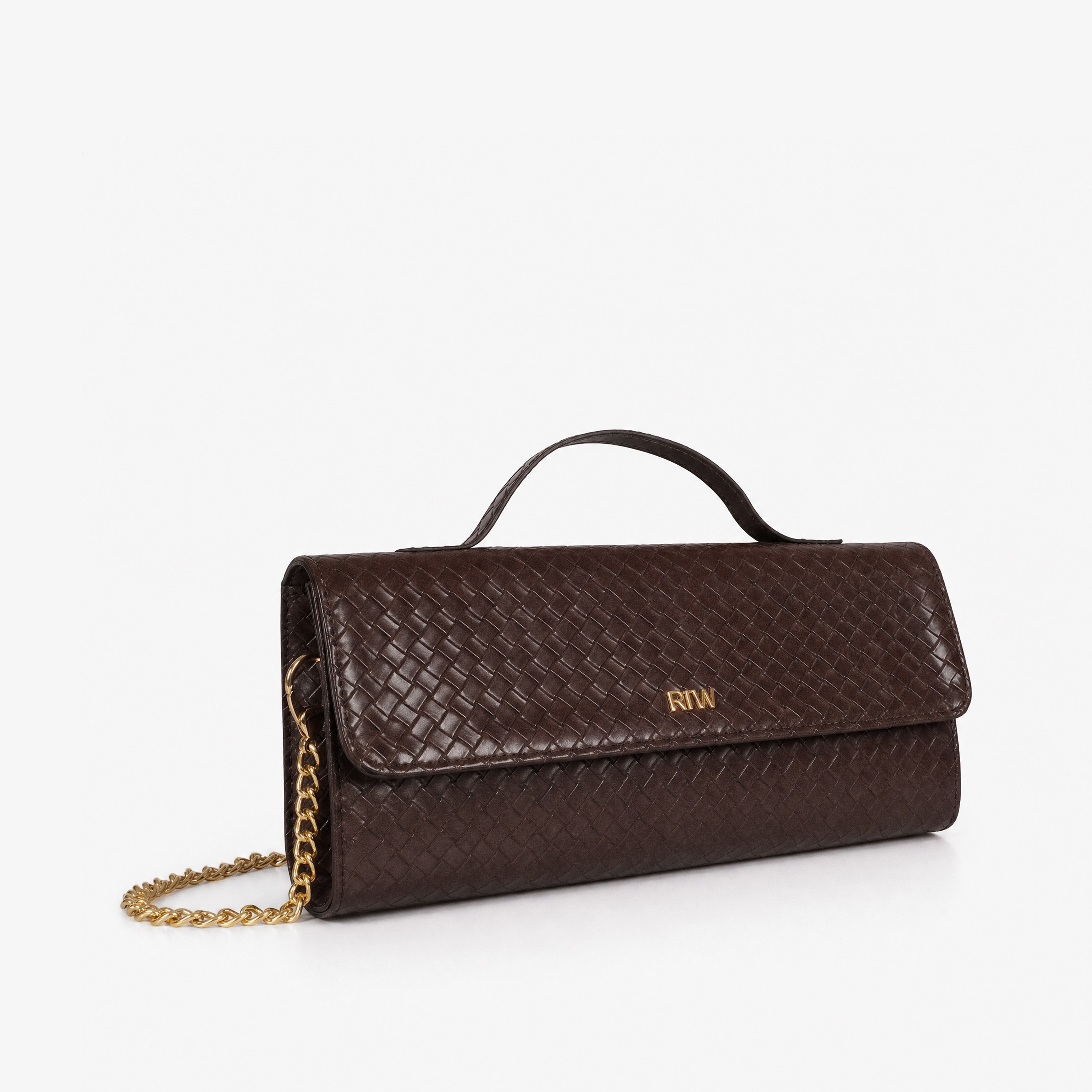 Deep chocolate woven weave clutch with gold chain — front view showing RTW logo