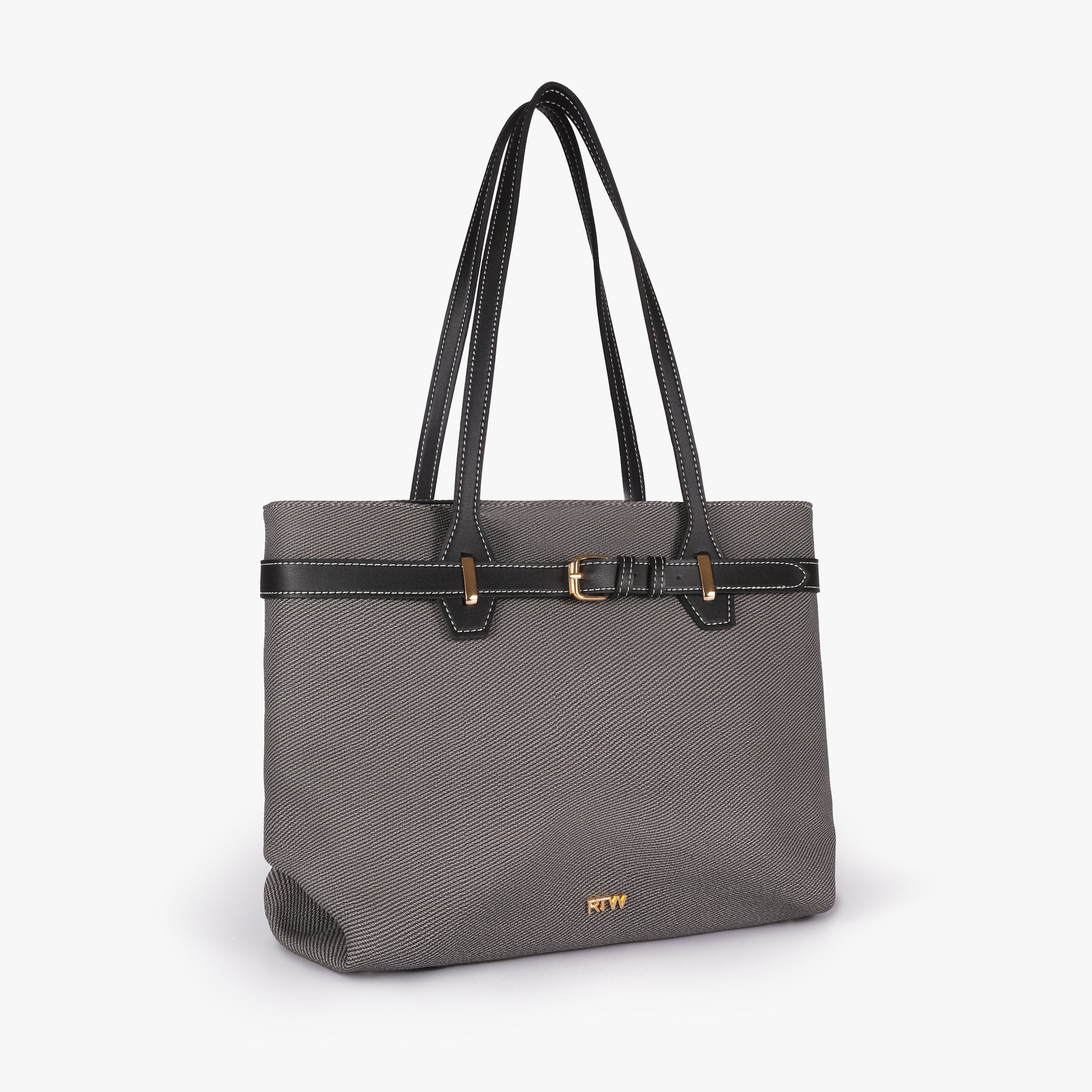 Charcoal belted tote bag — upright front three-quarter view showing the long shoulder handles, rectangular tote shape, textured body, and smooth trim, charcoal gray textured body with black smooth faux-leather trim
