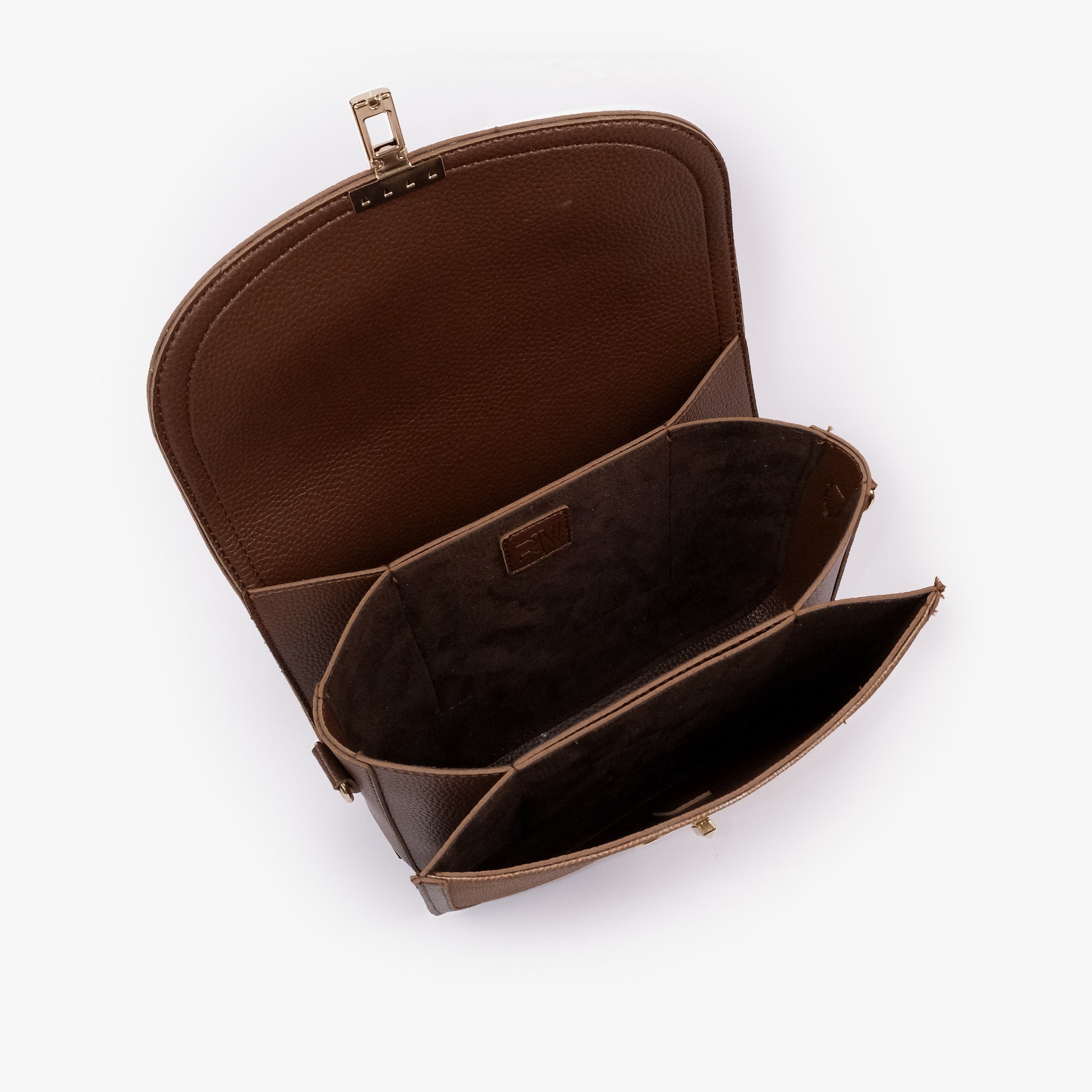 Tan contrast cross-body bag — interior open top-down, deep chocolate suede-feel lining, two compartments and center divider slip pocket