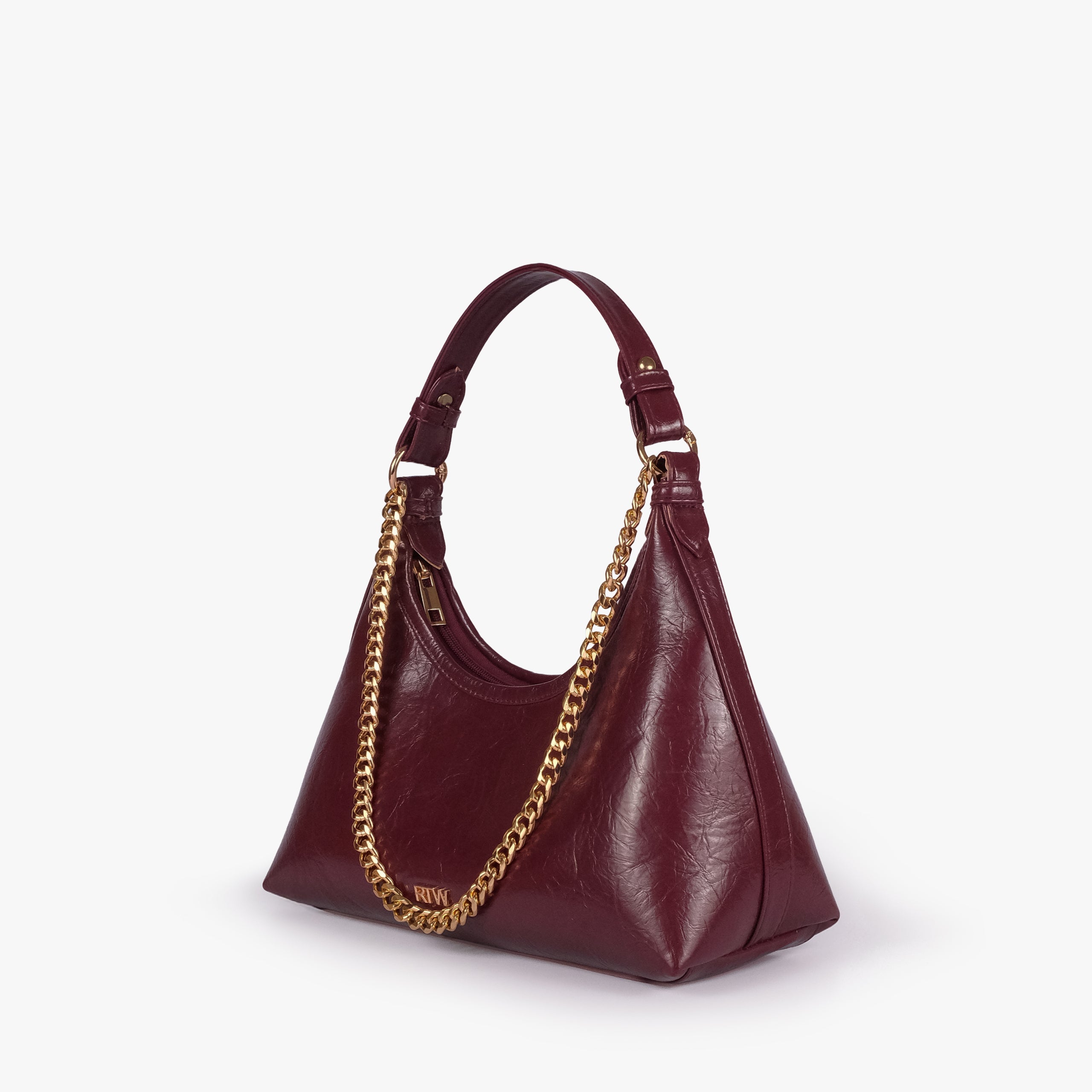 Maroon crinkle crescent hobo — 3/4 view showing the curved hobo silhouette, shoulder handle, and front chain detail
