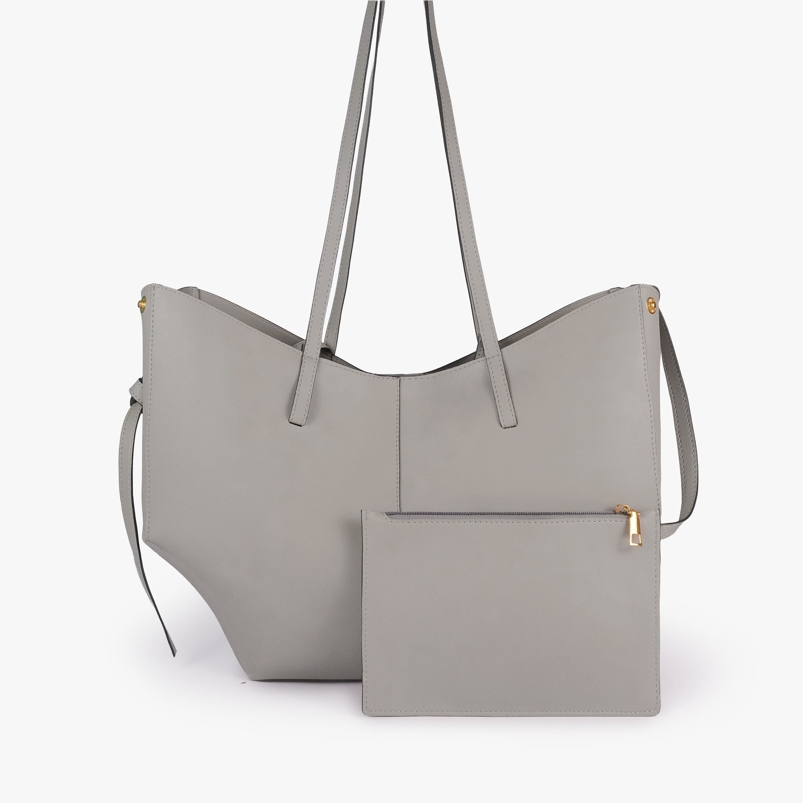 Grey atelier tote — back view with matching grey detachable zip pouch alongside, gold zipper