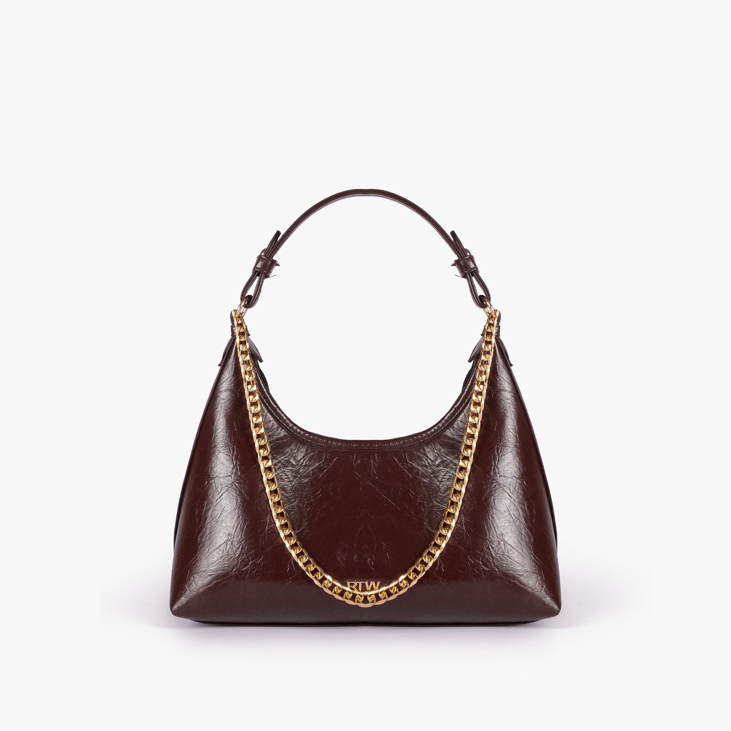 Dark brown crinkle crescent hobo — front view showing the slouchy crinkle faux-leather crescent hobo shape and gold-tone chain accent