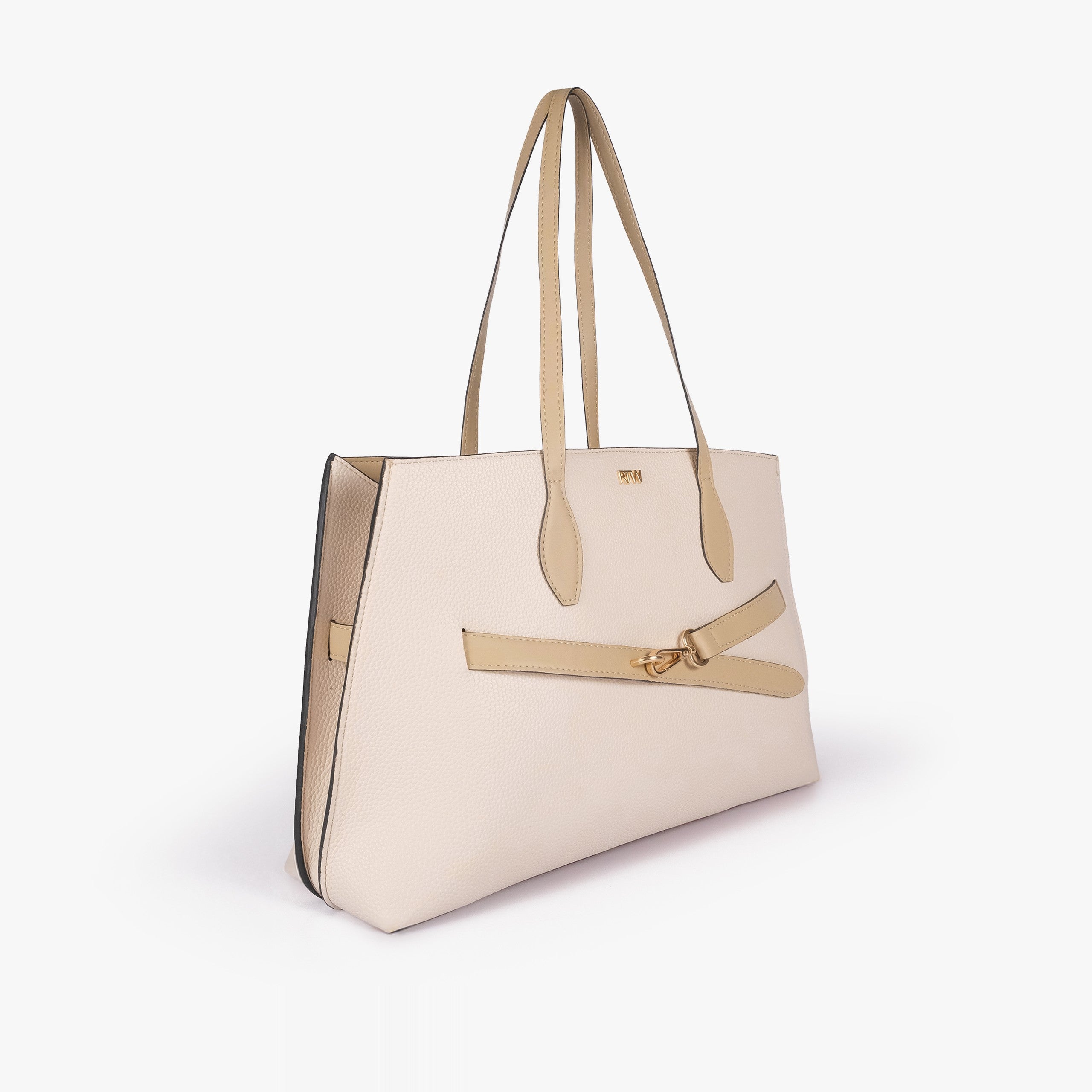 Off-white cream pebbled tote with tan smooth handles and decorative front belt strap — hero 3/4 view, gold doglock buckle, mini RTW logo at top center